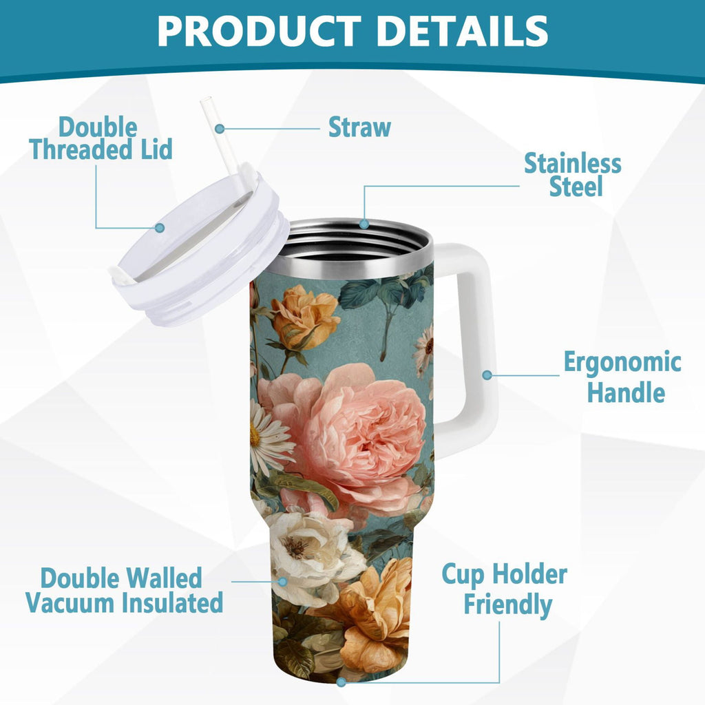 30 oz Insulated Stainless Steel Tumbler Double Wall Stainless Steel Tumbler with 2-Way Drinking Vintage Roses and Peonies C667C