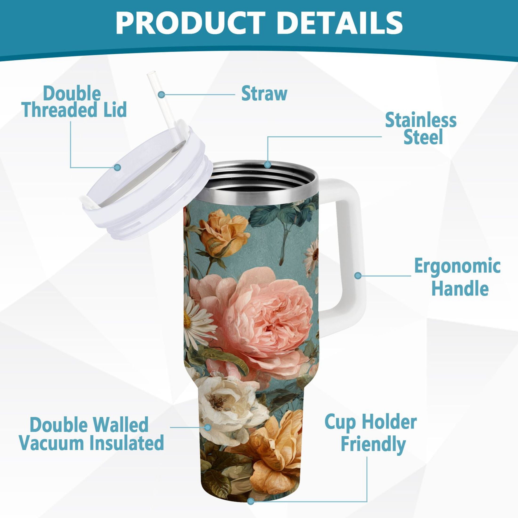 30 oz Insulated Stainless Steel Tumbler Double Wall Stainless Steel Tumbler with 2-Way Drinking Vintage Roses and Peonies C667C