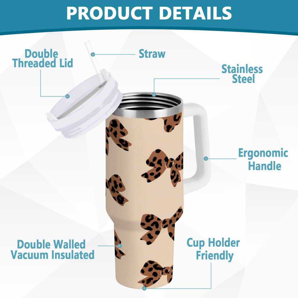 30 oz Insulated Stainless Steel Tumbler Double Wall Stainless Steel Tumbler with 2-Way Drinking Cute Brown Bow C528C