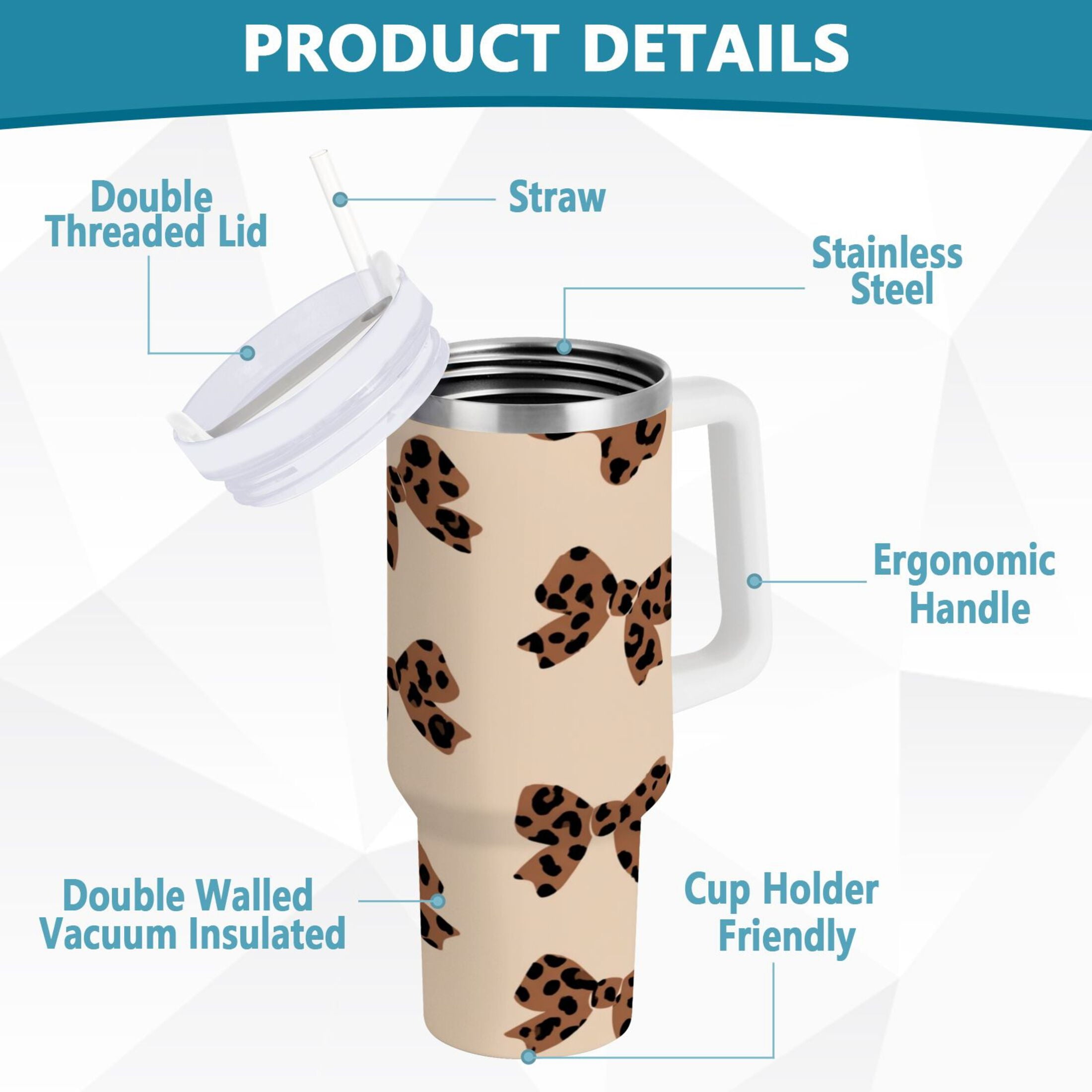 30 oz Insulated Stainless Steel Tumbler Double Wall Stainless Steel Tumbler with 2-Way Drinking Cute Brown Bow C528C