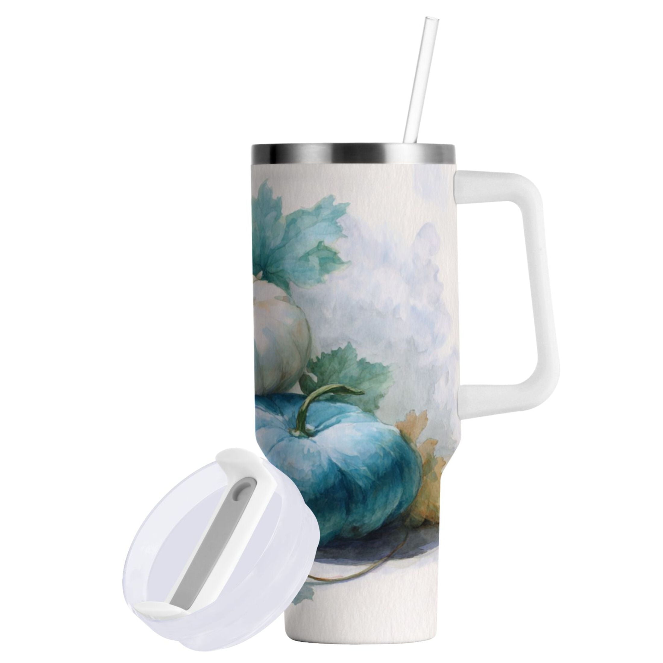 40 oz Insulated Stainless Steel Tumbler Double Wall Stainless Steel Tumbler with 2-Way Drinking Watercolor Pumpkins and Leaves C447L