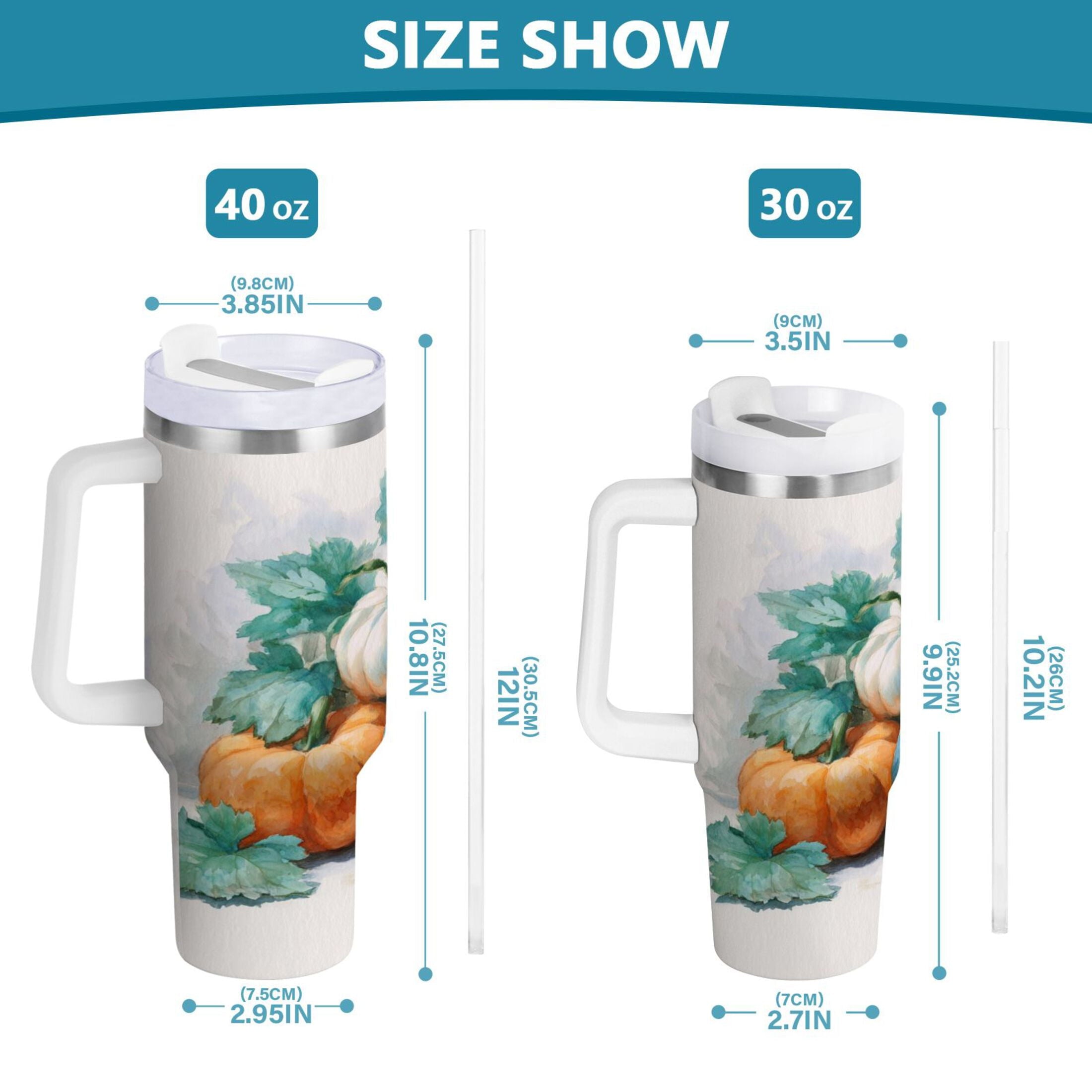 40 oz Insulated Stainless Steel Tumbler Double Wall Stainless Steel Tumbler with 2-Way Drinking Watercolor Pumpkins and Leaves C447L