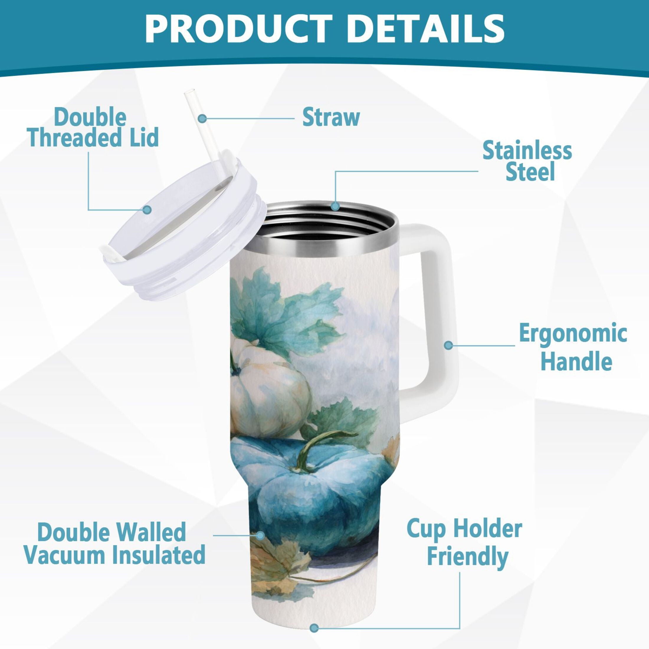 40 oz Insulated Stainless Steel Tumbler Double Wall Stainless Steel Tumbler with 2-Way Drinking Watercolor Pumpkins and Leaves C447L