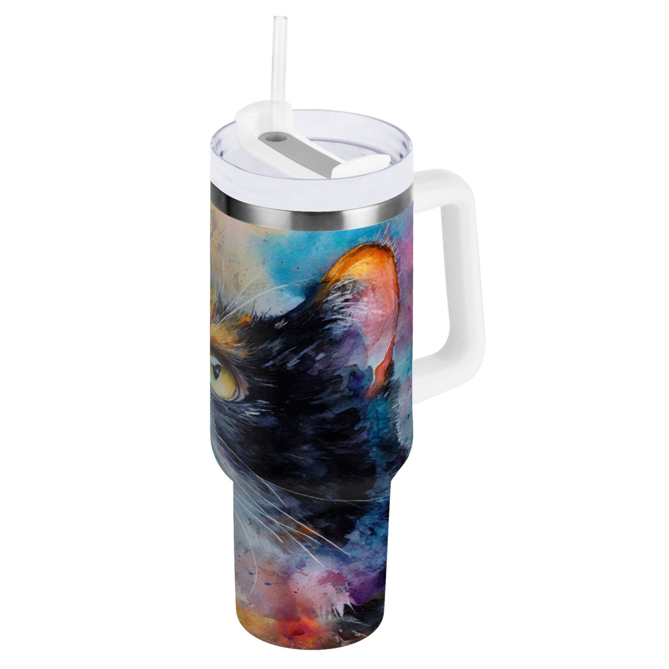 30 oz Insulated Stainless Steel Tumbler Double Wall Stainless Steel Tumbler with 2-Way Drinking Watercolor Calico Cat C465L