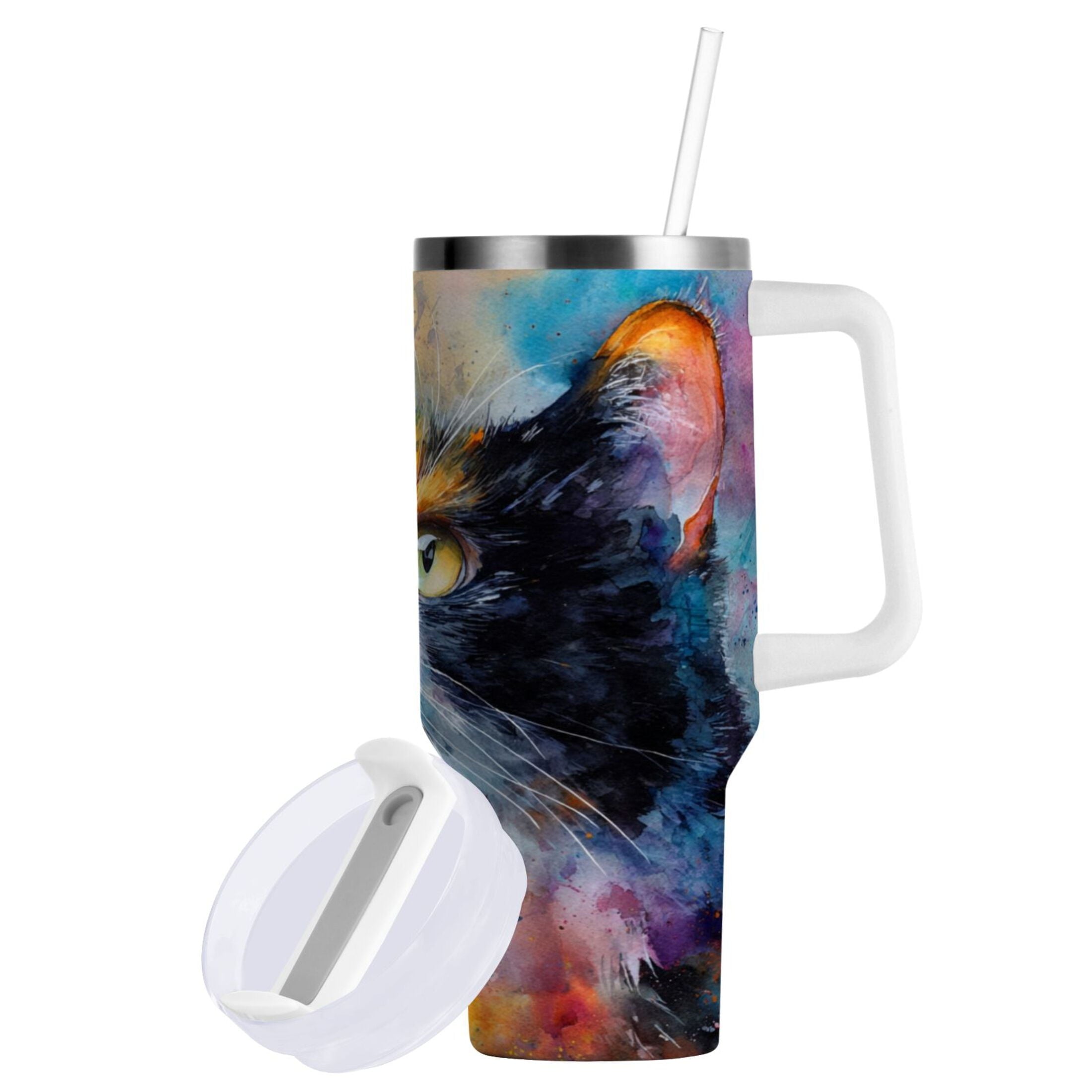 30 oz Insulated Stainless Steel Tumbler Double Wall Stainless Steel Tumbler with 2-Way Drinking Watercolor Calico Cat C465L
