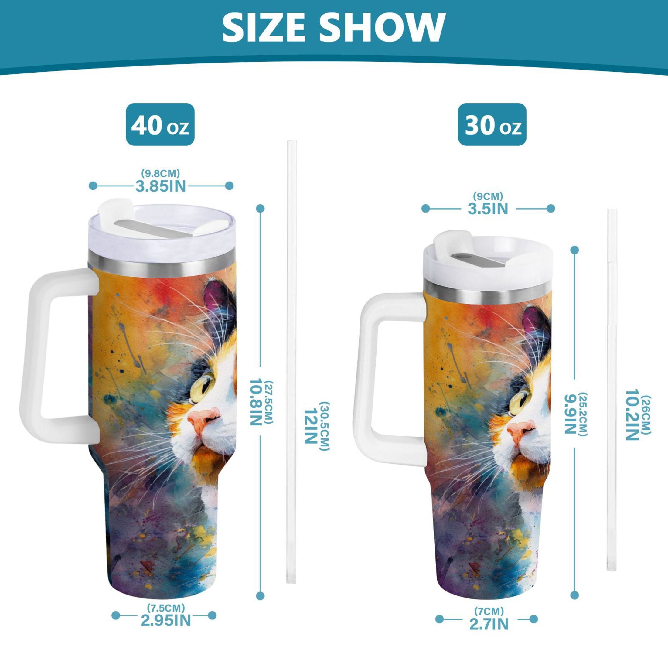 30 oz Insulated Stainless Steel Tumbler Double Wall Stainless Steel Tumbler with 2-Way Drinking Watercolor Calico Cat C465L