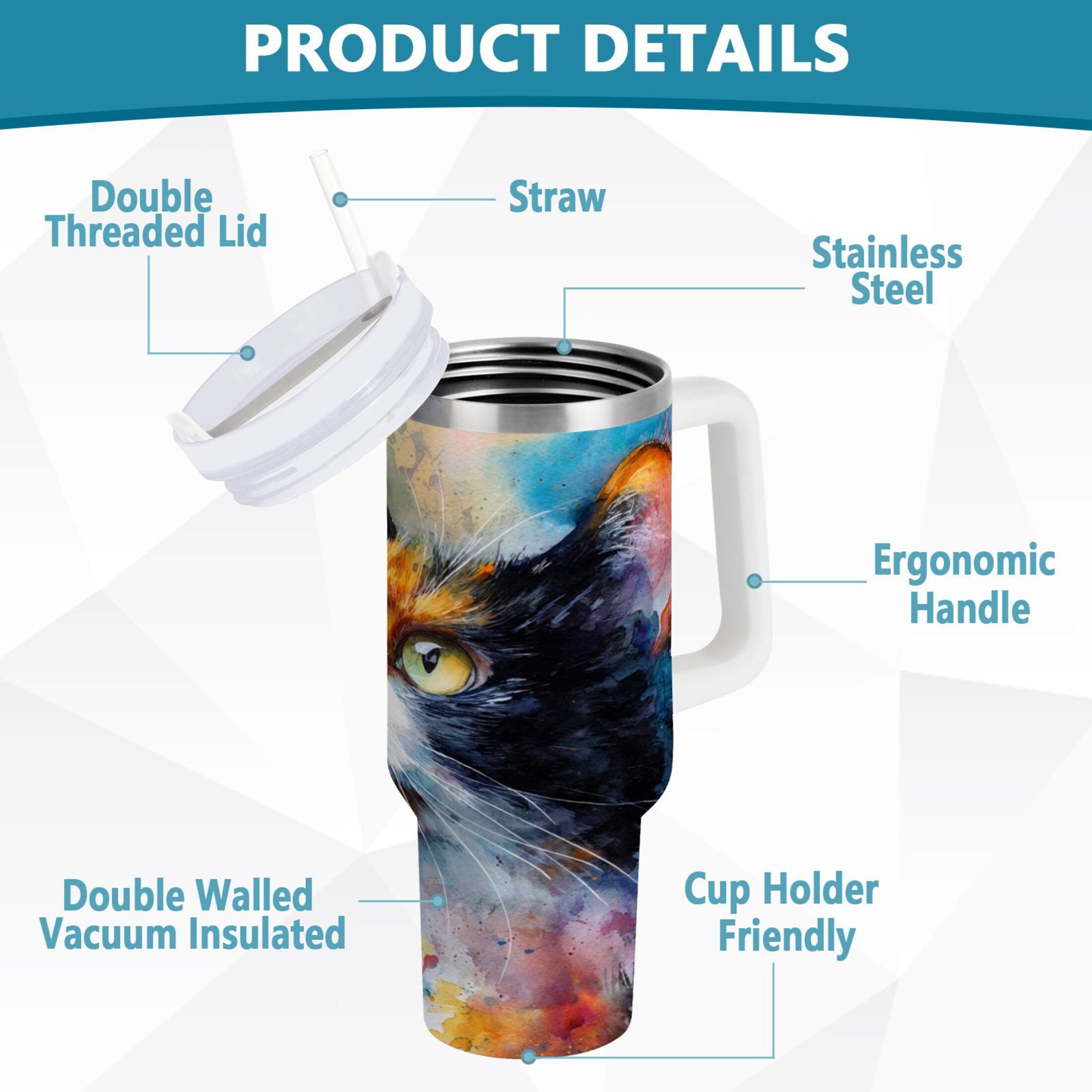 30 oz Insulated Stainless Steel Tumbler Double Wall Stainless Steel Tumbler with 2-Way Drinking Watercolor Calico Cat C465L