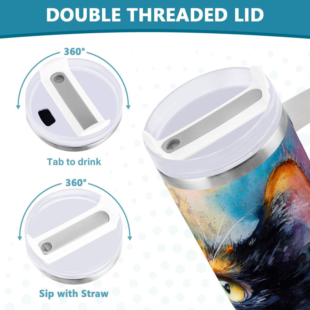 30 oz Insulated Stainless Steel Tumbler Double Wall Stainless Steel Tumbler with 2-Way Drinking Watercolor Calico Cat C465L