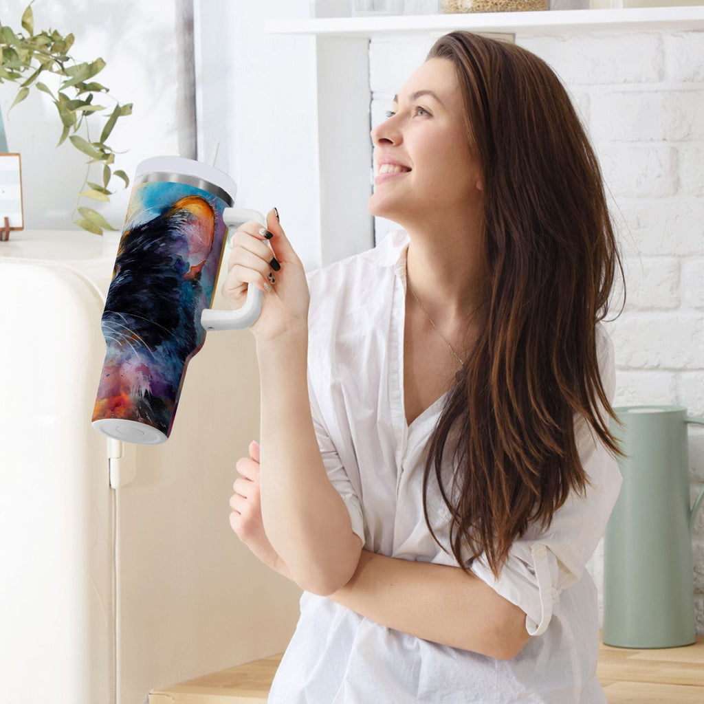 30 oz Insulated Stainless Steel Tumbler Double Wall Stainless Steel Tumbler with 2-Way Drinking Watercolor Calico Cat C465L