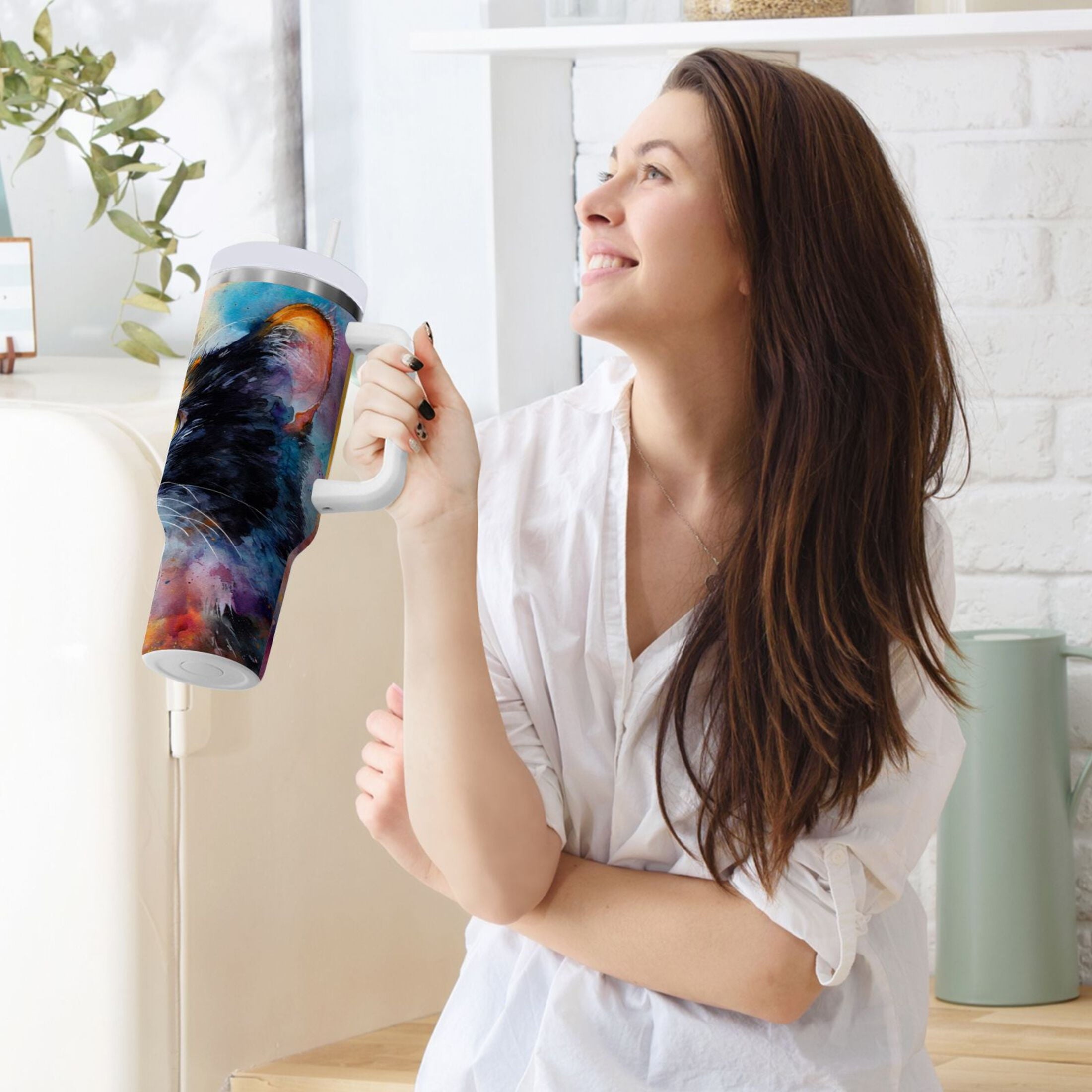 30 oz Insulated Stainless Steel Tumbler Double Wall Stainless Steel Tumbler with 2-Way Drinking Watercolor Calico Cat C465L