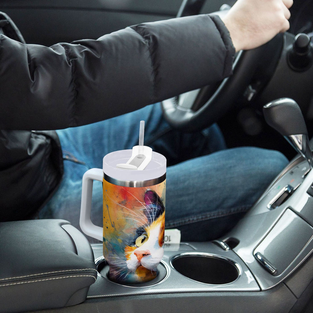 30 oz Insulated Stainless Steel Tumbler Double Wall Stainless Steel Tumbler with 2-Way Drinking Watercolor Calico Cat C465L
