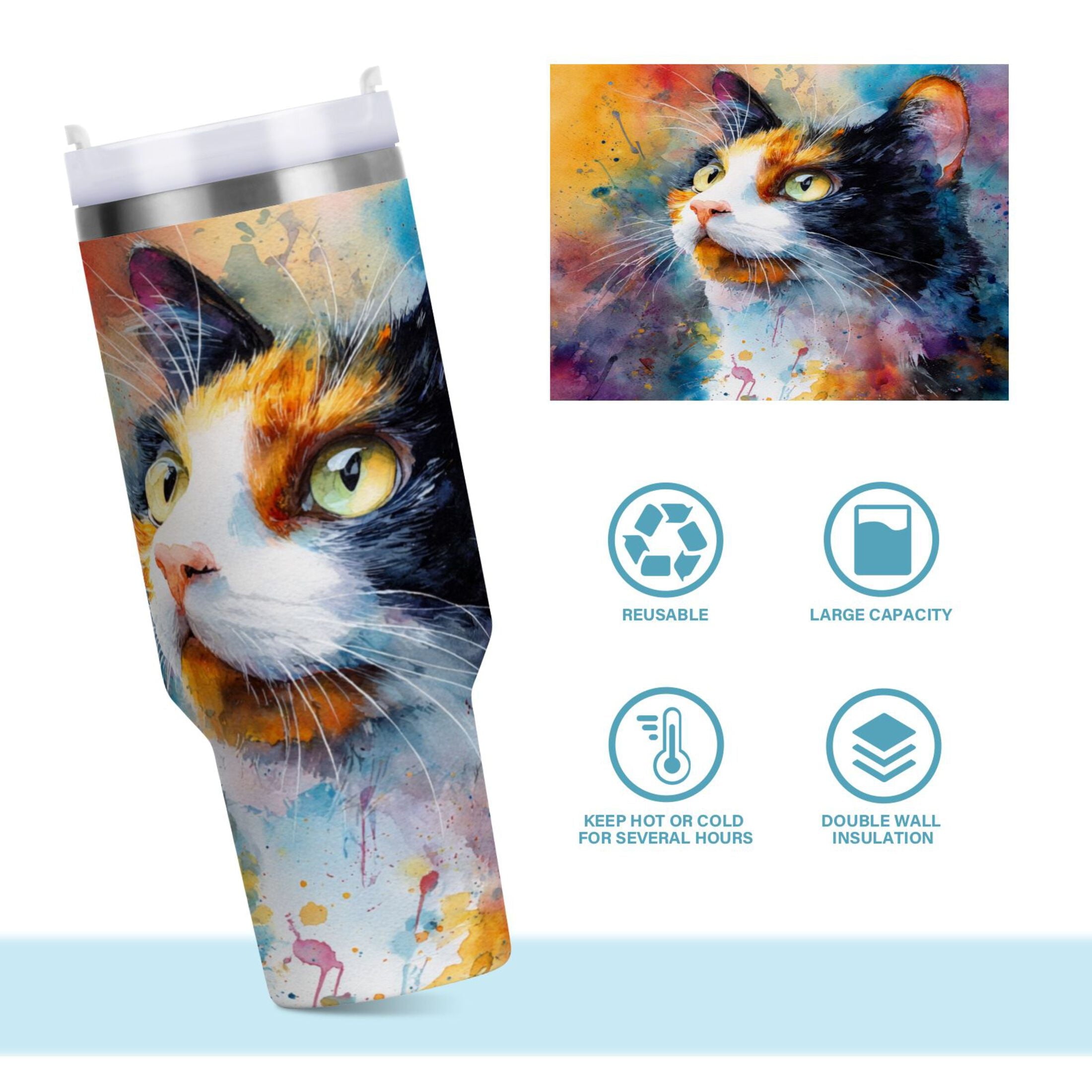 30 oz Insulated Stainless Steel Tumbler Double Wall Stainless Steel Tumbler with 2-Way Drinking Watercolor Calico Cat C465L