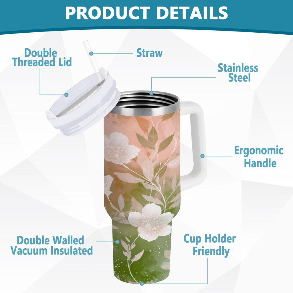 30 oz Insulated Stainless Steel Tumbler Double Wall Stainless Steel Tumbler with 2-Way Drinking Gradient Elegant Floral C471Q