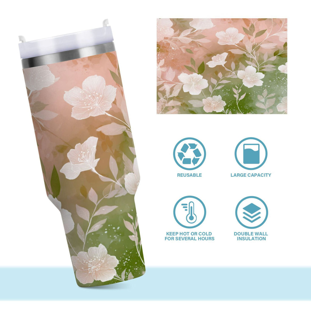 30 oz Insulated Stainless Steel Tumbler Double Wall Stainless Steel Tumbler with 2-Way Drinking Gradient Elegant Floral C471Q