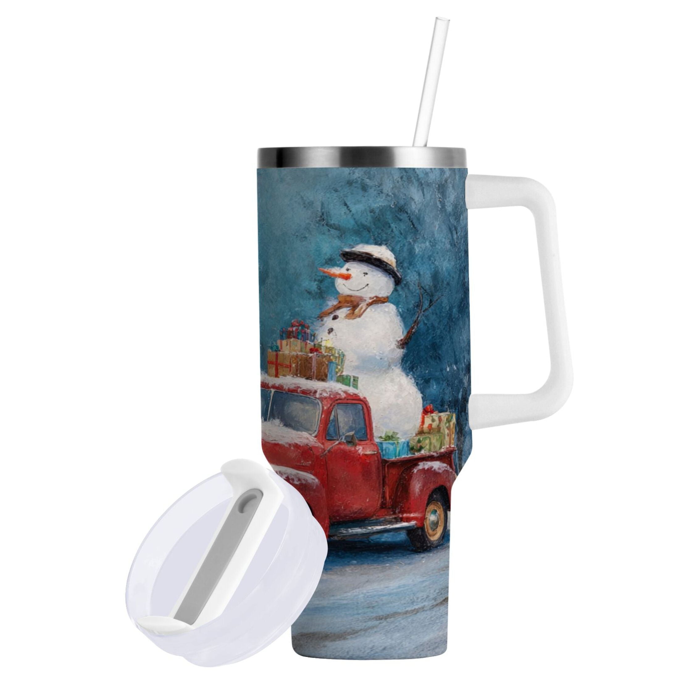 40 oz Insulated Stainless Steel Tumbler Double Wall Stainless Steel Tumbler with 2-Way Drinking Christmas Snowman in A Red Truck C435B