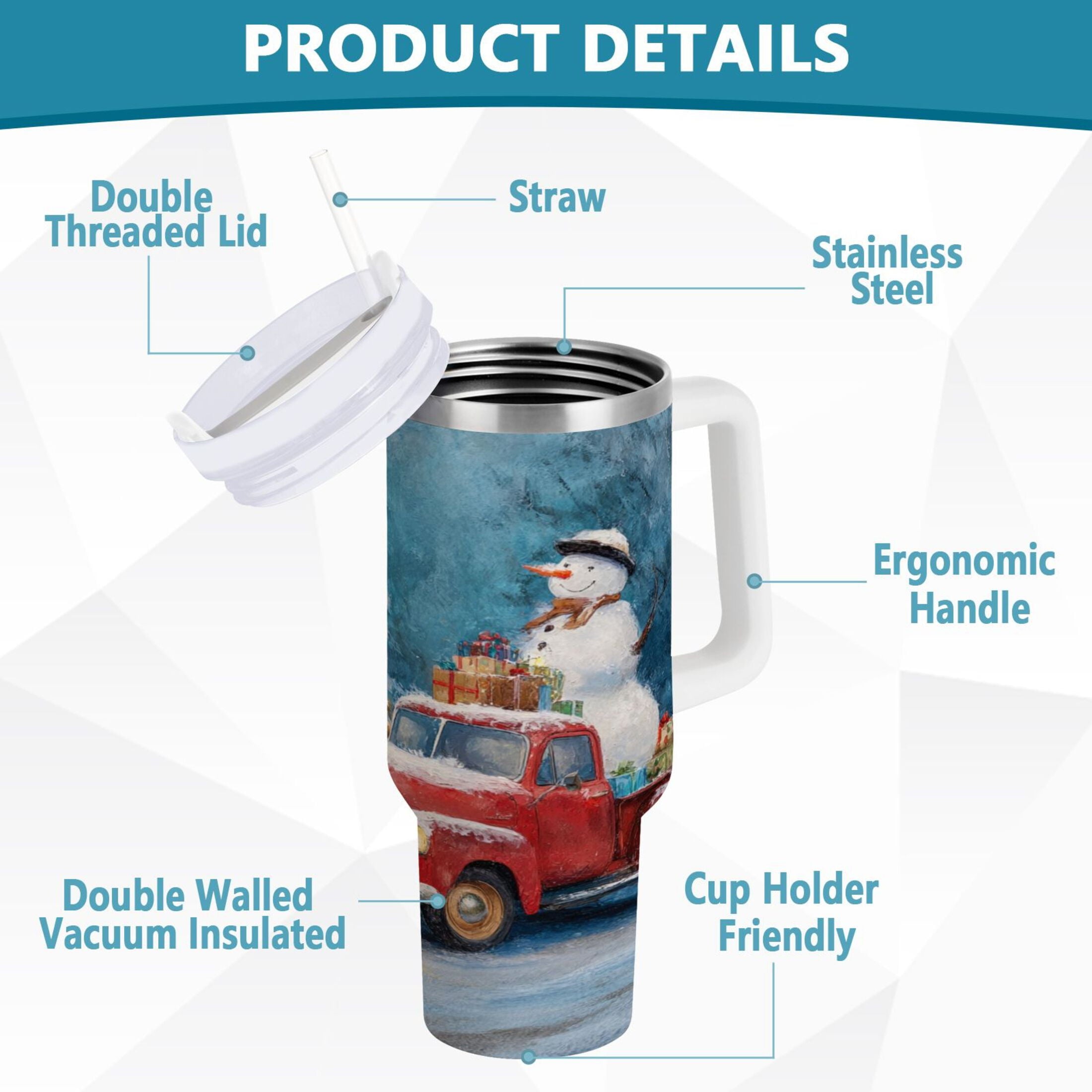 40 oz Insulated Stainless Steel Tumbler Double Wall Stainless Steel Tumbler with 2-Way Drinking Christmas Snowman in A Red Truck C435B