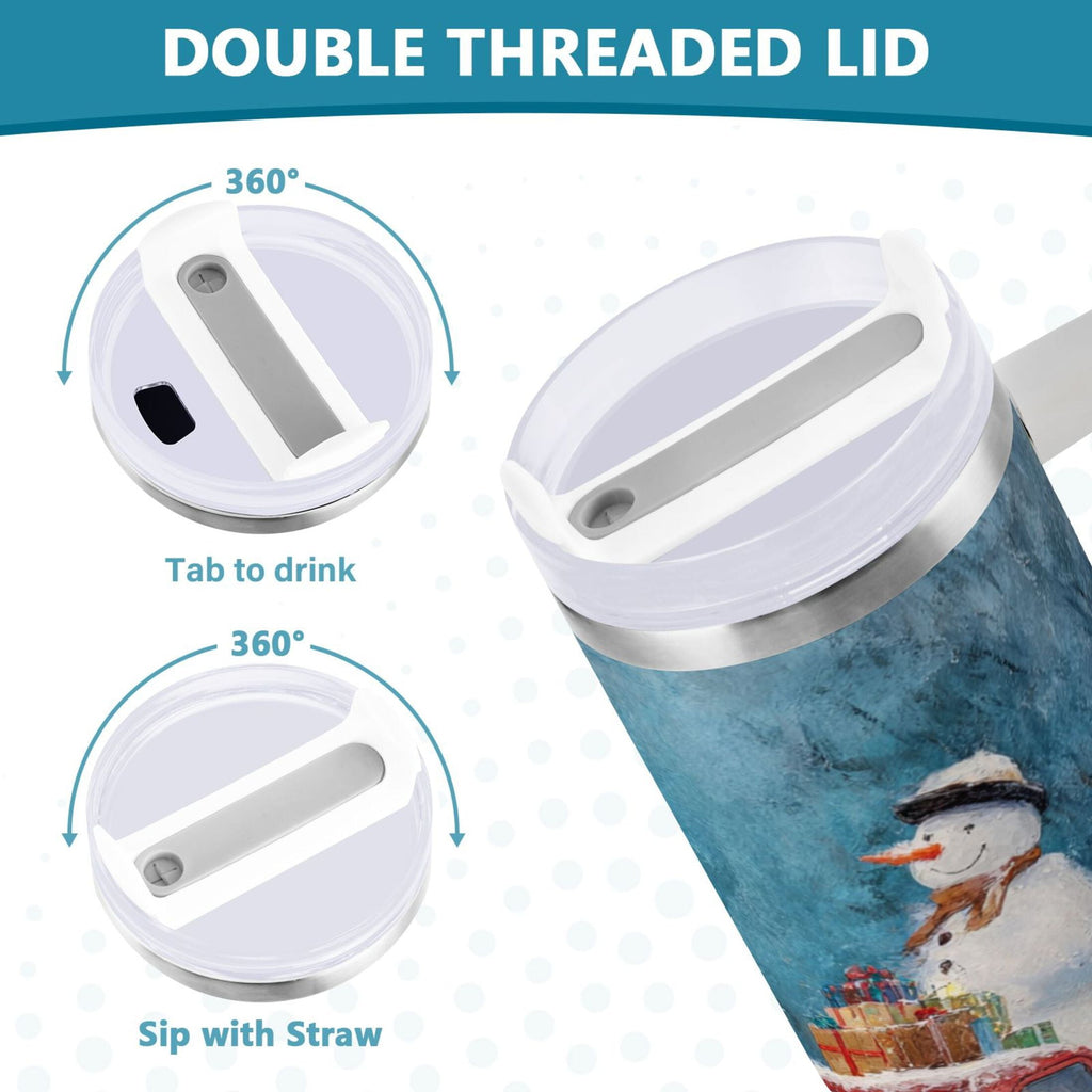 40 oz Insulated Stainless Steel Tumbler Double Wall Stainless Steel Tumbler with 2-Way Drinking Christmas Snowman in A Red Truck C435B
