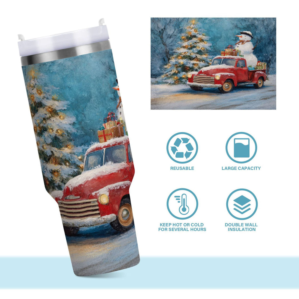 40 oz Insulated Stainless Steel Tumbler Double Wall Stainless Steel Tumbler with 2-Way Drinking Christmas Snowman in A Red Truck C435B