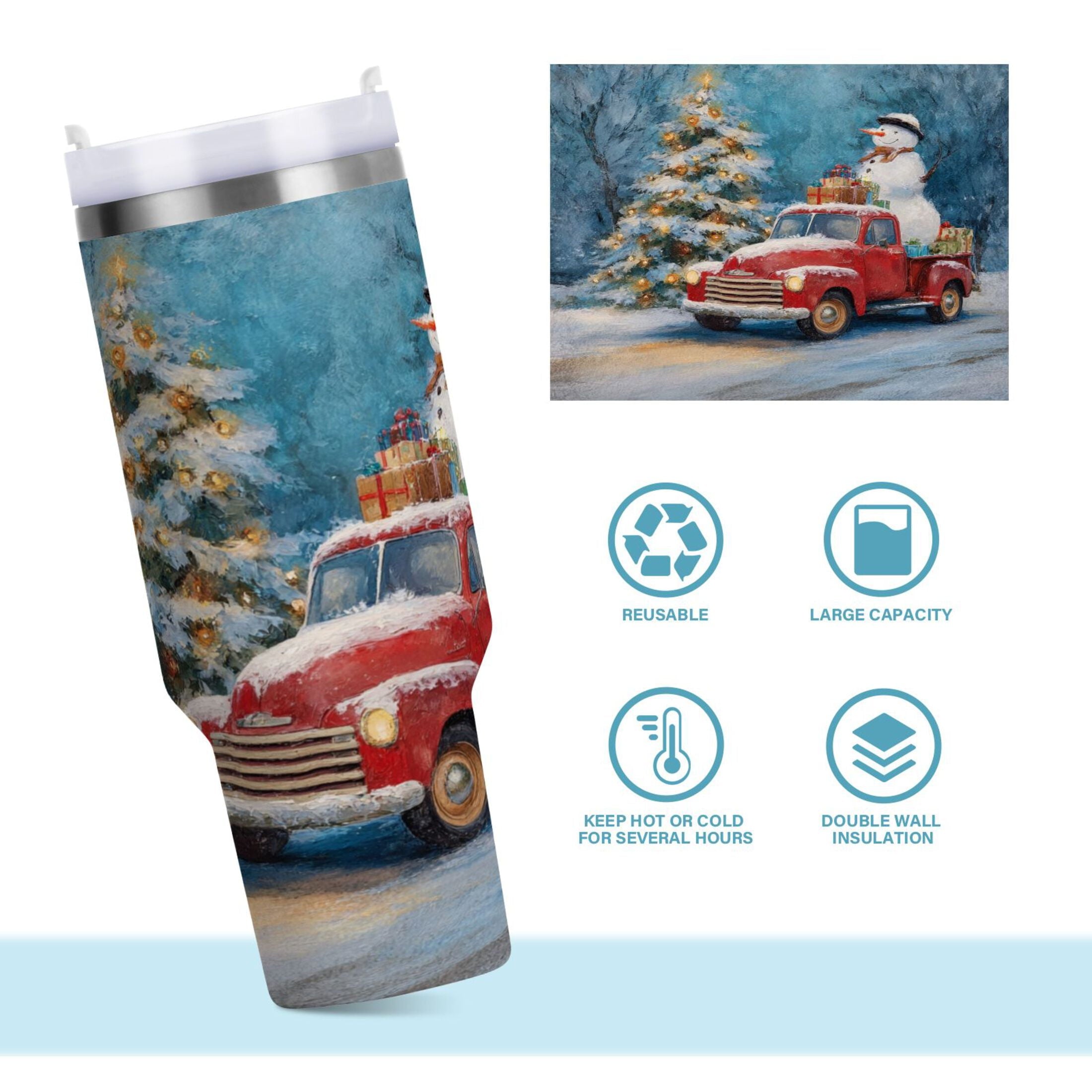 40 oz Insulated Stainless Steel Tumbler Double Wall Stainless Steel Tumbler with 2-Way Drinking Christmas Snowman in A Red Truck C435B