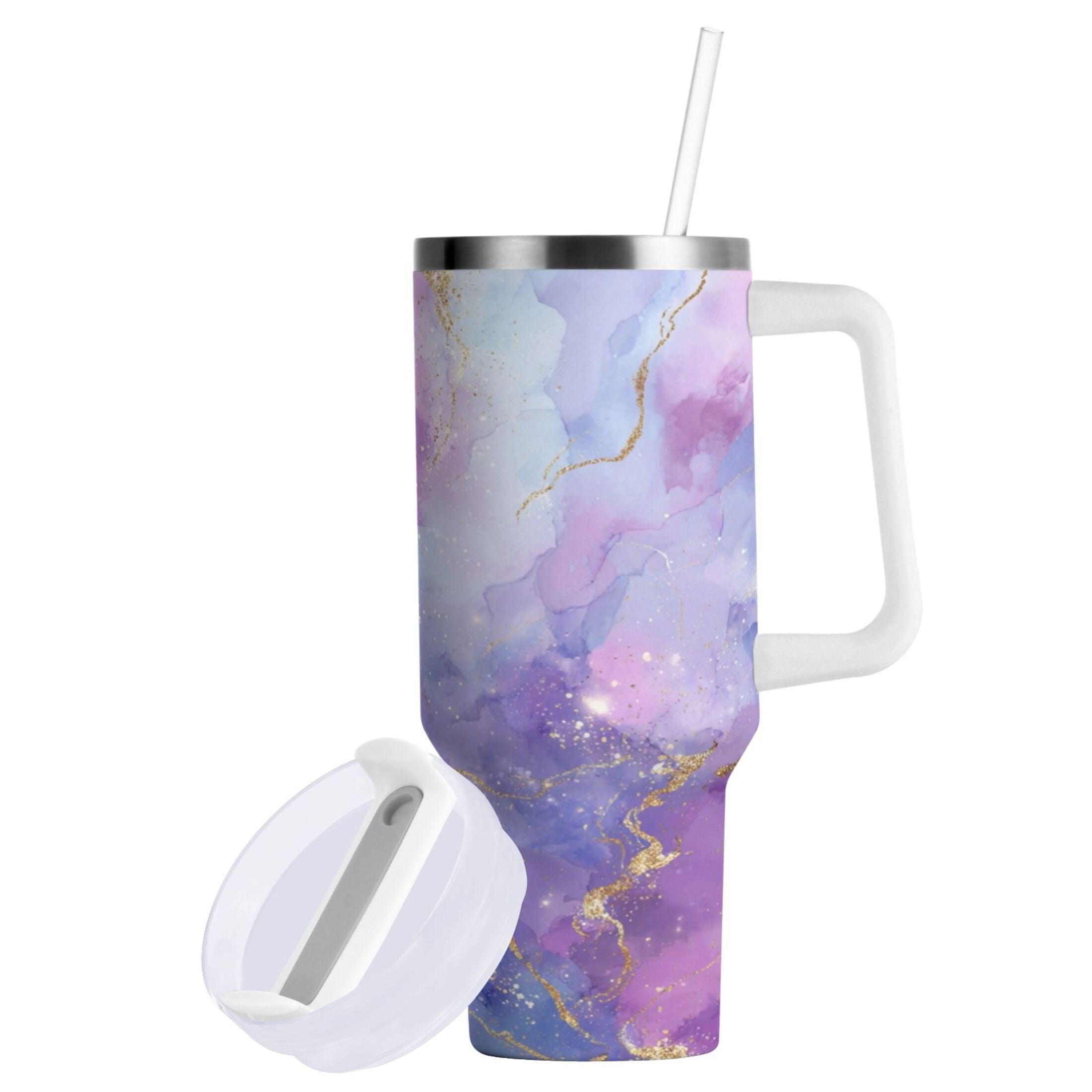40 oz Insulated Stainless Steel Tumbler Double Wall Stainless Steel Tumbler with 2-Way Drinking Pink and Blue Marble Texture C490X