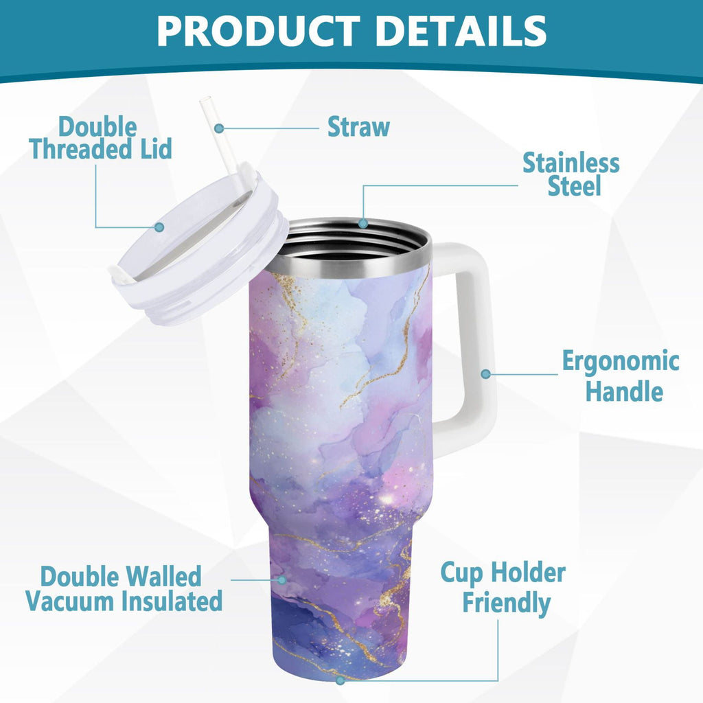 40 oz Insulated Stainless Steel Tumbler Double Wall Stainless Steel Tumbler with 2-Way Drinking Pink and Blue Marble Texture C490X