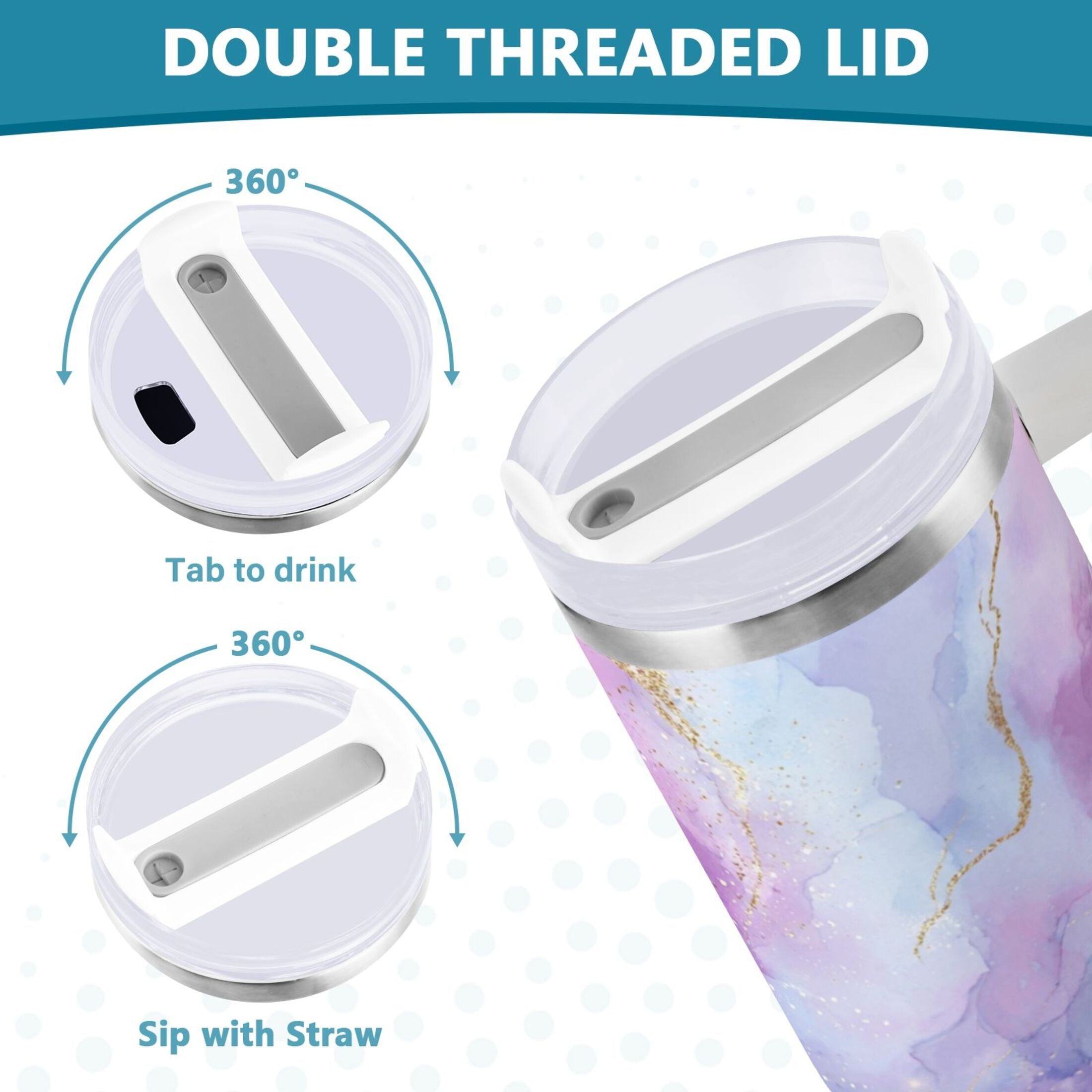 40 oz Insulated Stainless Steel Tumbler Double Wall Stainless Steel Tumbler with 2-Way Drinking Pink and Blue Marble Texture C490X