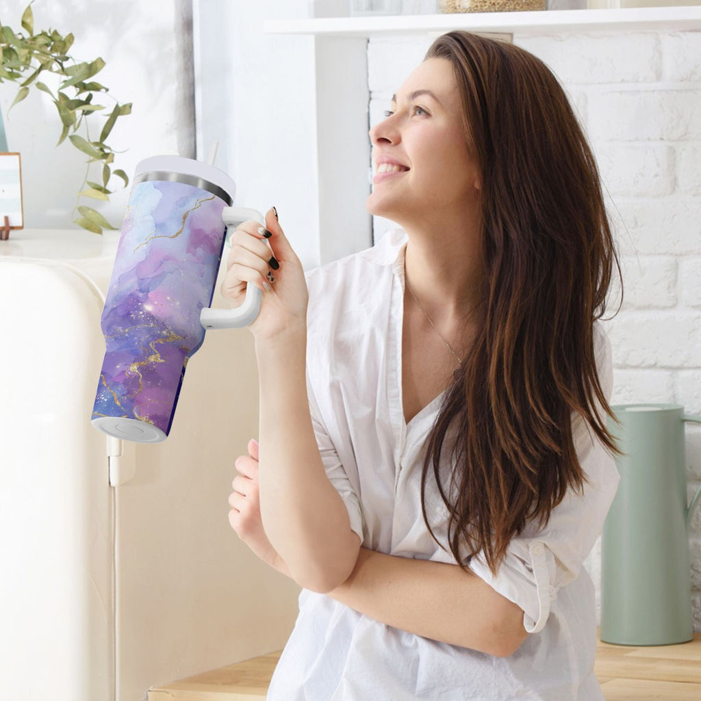 40 oz Insulated Stainless Steel Tumbler Double Wall Stainless Steel Tumbler with 2-Way Drinking Pink and Blue Marble Texture C490X