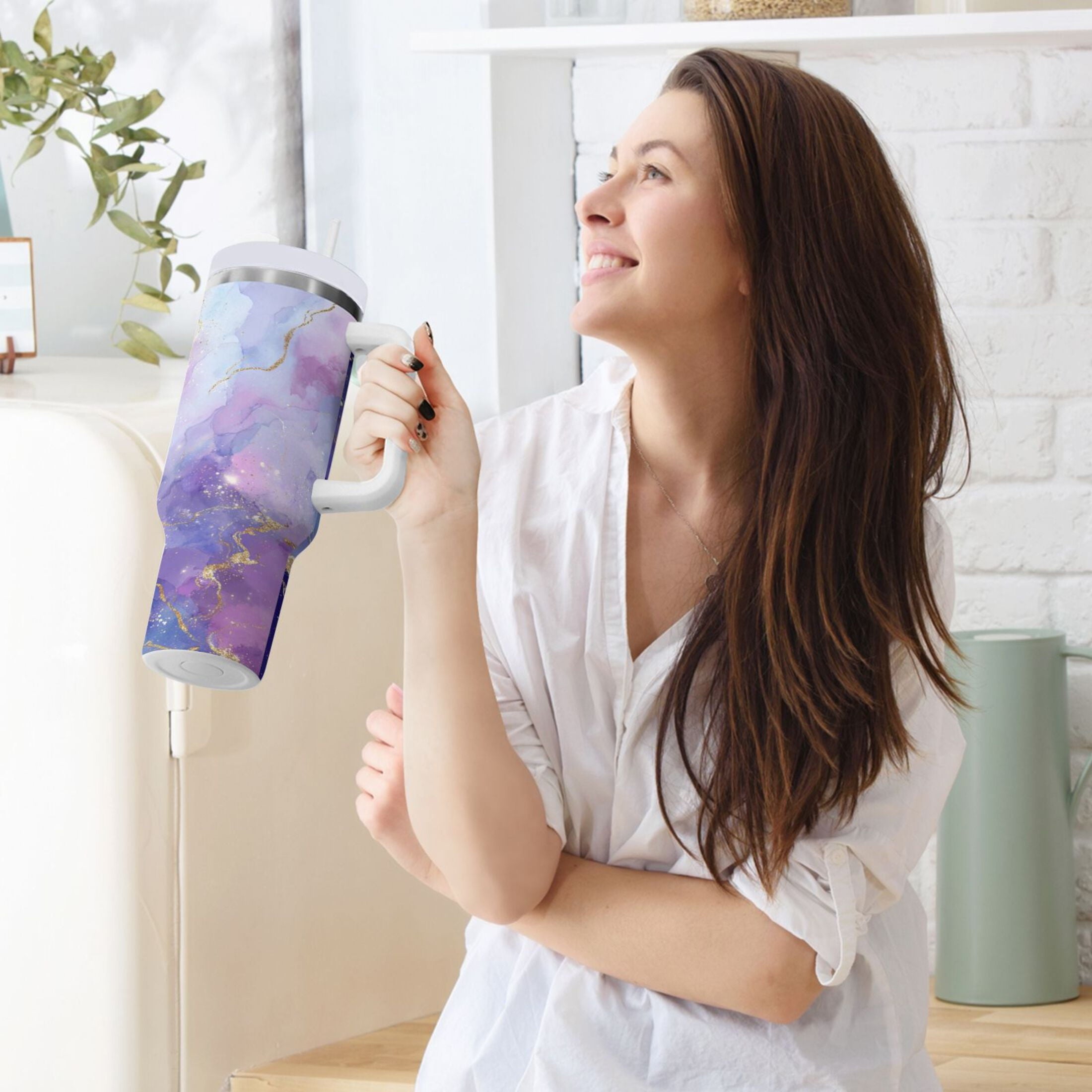 40 oz Insulated Stainless Steel Tumbler Double Wall Stainless Steel Tumbler with 2-Way Drinking Pink and Blue Marble Texture C490X
