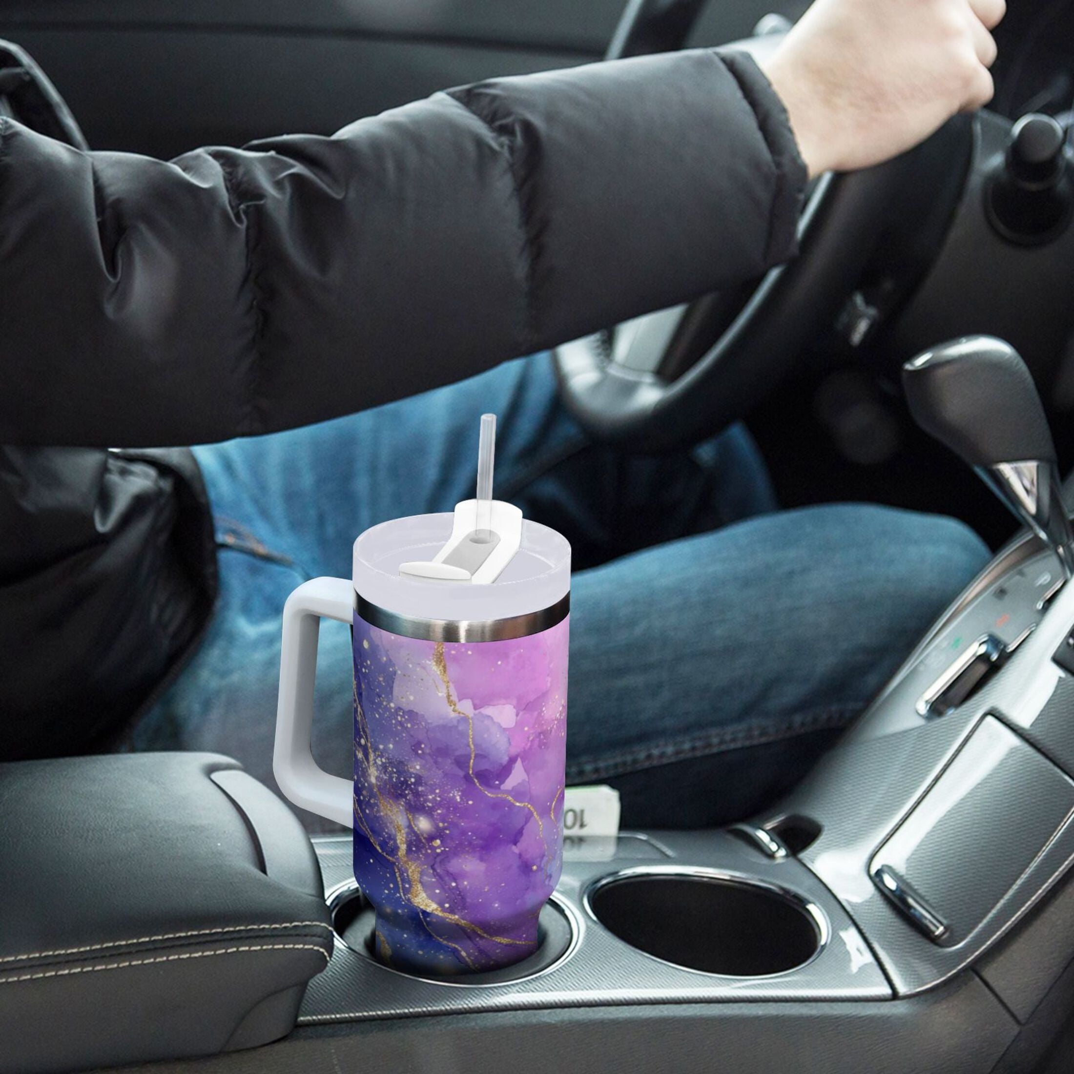 40 oz Insulated Stainless Steel Tumbler Double Wall Stainless Steel Tumbler with 2-Way Drinking Pink and Blue Marble Texture C490X