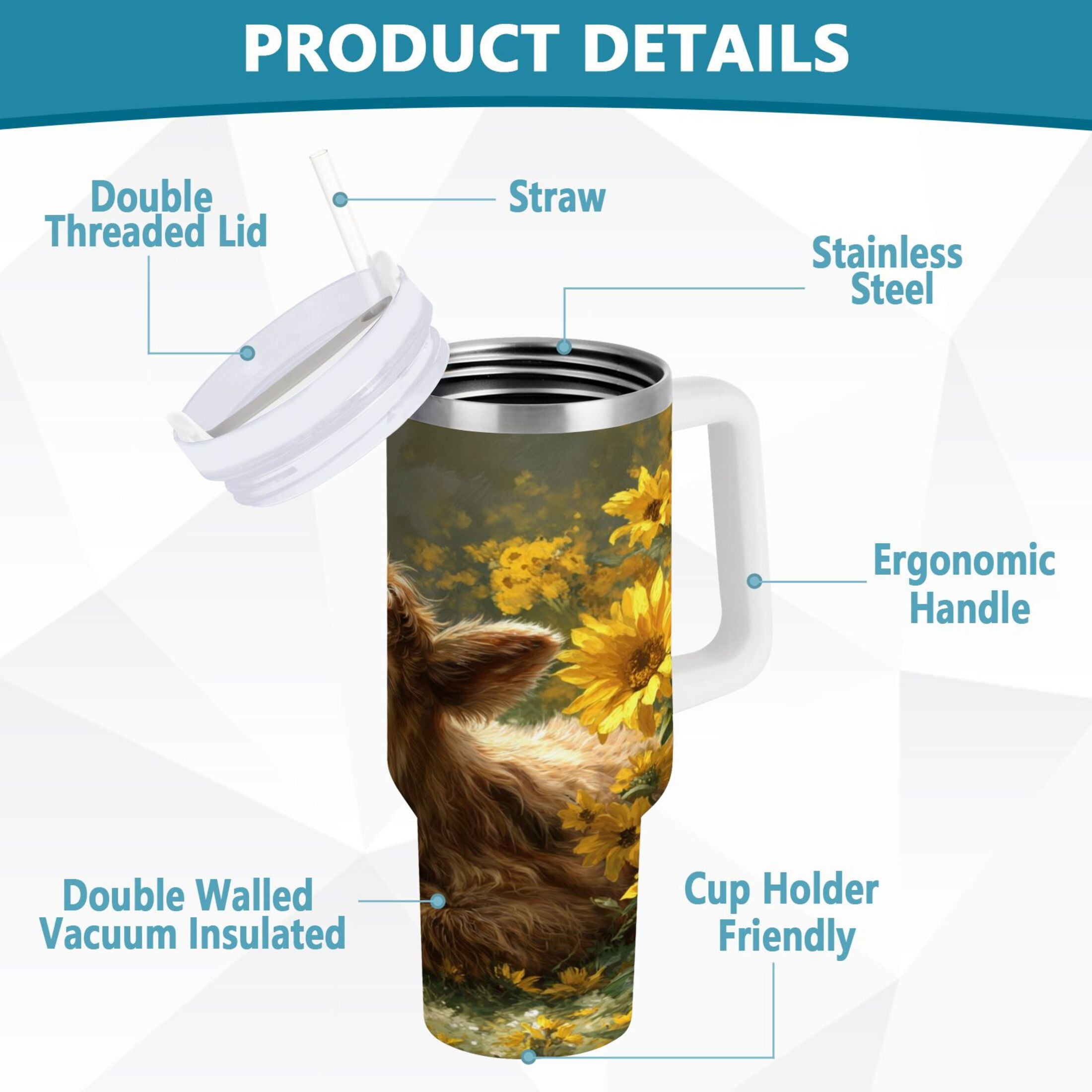 40 oz Insulated Stainless Steel Tumbler Double Wall Stainless Steel Tumbler with 2-Way Drinking Cow Lying in Sunflowers C665S