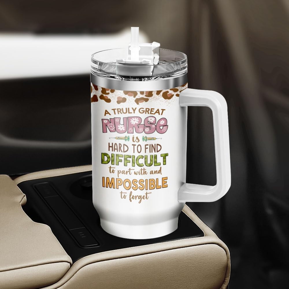 Tumbler 40 Oz With Handle Lid And Straw, Nurse Gifts, Black Camo White Engraved Print Travel Nurses Tumblers Handle Funny Cups Nursing For, Great Nurse Rainbow Daisy Flower C683K