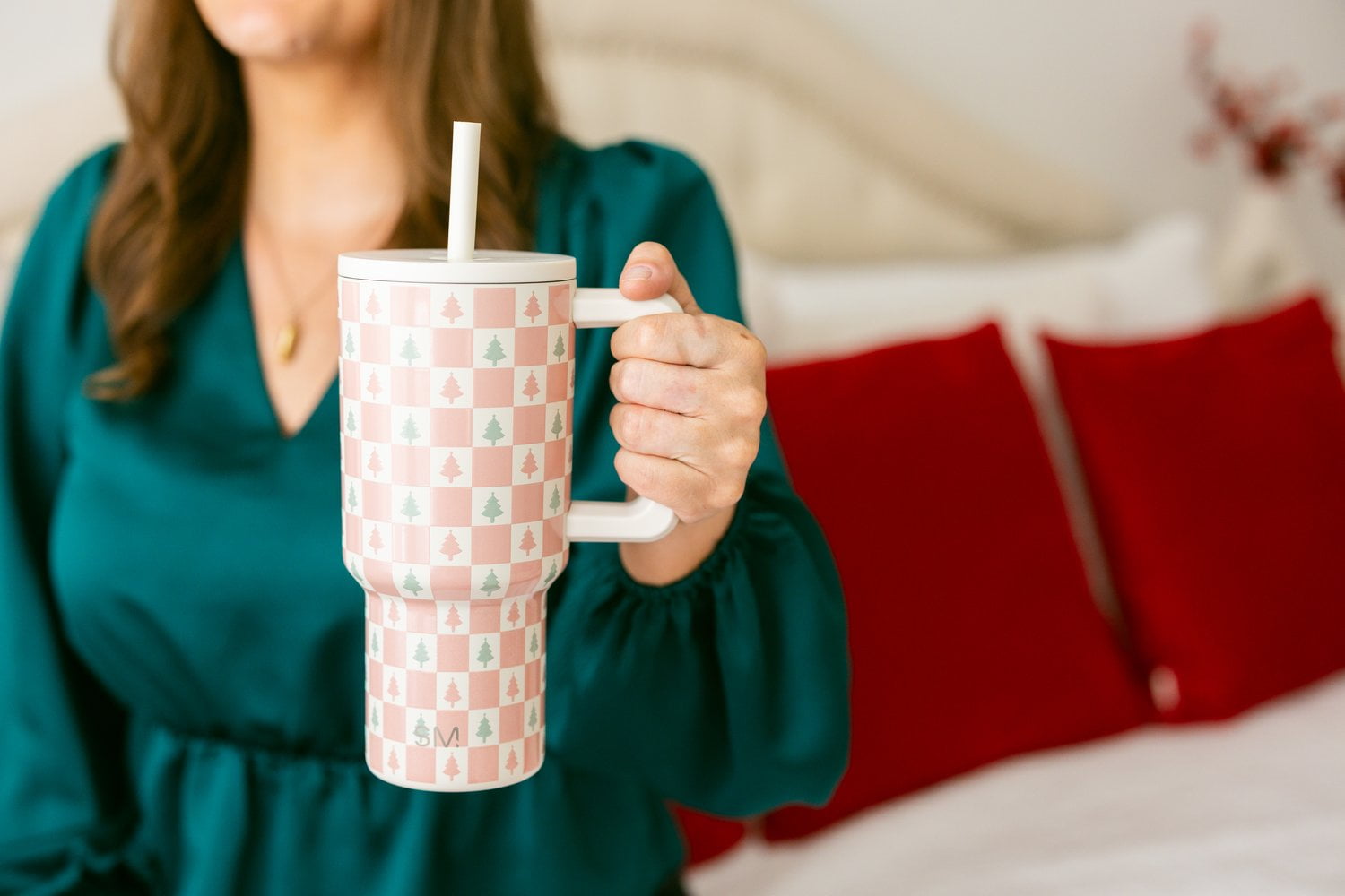 Simple Modern 30 fl oz Insulated Stainless Steel Trek Tumbler with Straw Lid | Seaglass Sage and Cream Checkmate C690C