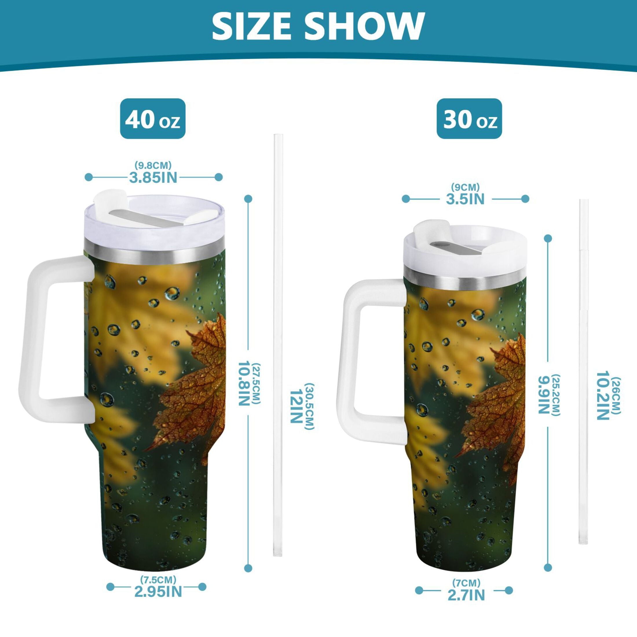 30 oz Insulated Stainless Steel Tumbler Double Wall Stainless Steel Tumbler with 2-Way Drinking Leaves with Water Droplets C500K