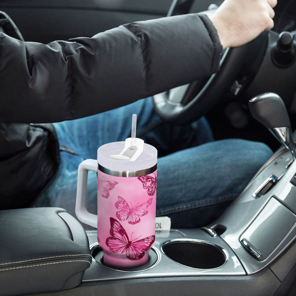 40 oz Insulated Stainless Steel Tumbler Double Wall Stainless Steel Tumbler with 2-Way Drinking Pink Butterfly Pattern C629H