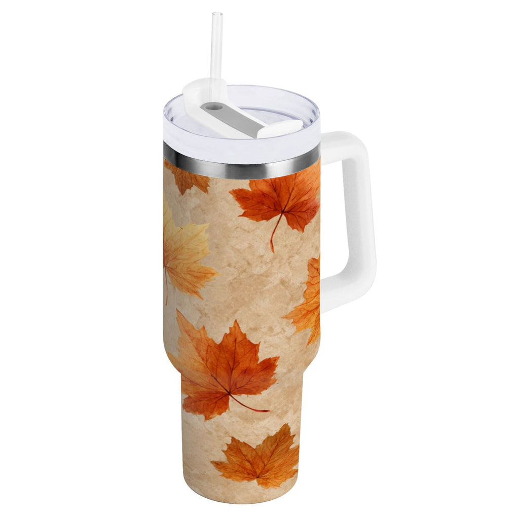 40 oz Insulated Stainless Steel Tumbler Double Wall Stainless Steel Tumbler with 2-Way Drinking Orange Autumn Leaves Pattern C478P