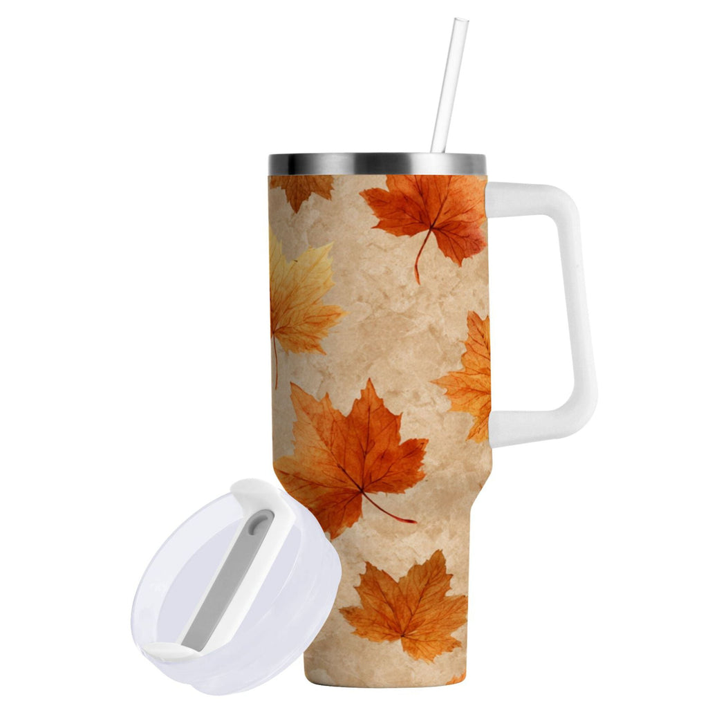 40 oz Insulated Stainless Steel Tumbler Double Wall Stainless Steel Tumbler with 2-Way Drinking Orange Autumn Leaves Pattern C478P
