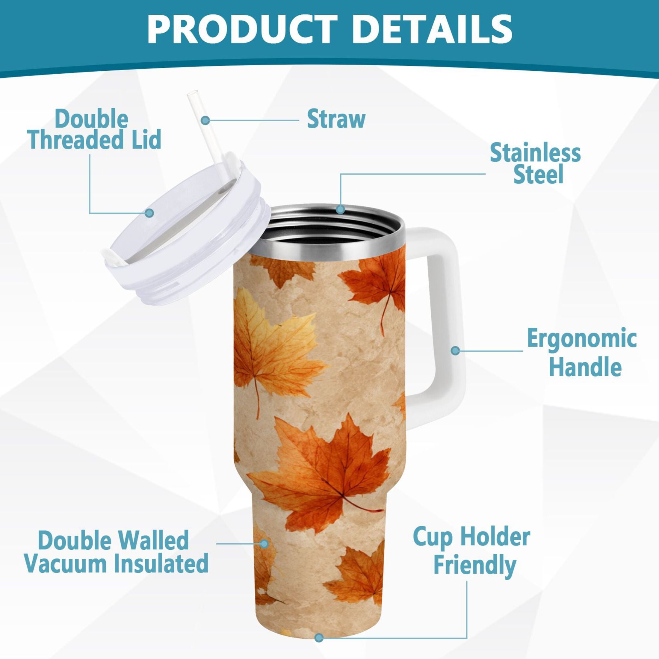 40 oz Insulated Stainless Steel Tumbler Double Wall Stainless Steel Tumbler with 2-Way Drinking Orange Autumn Leaves Pattern C478P
