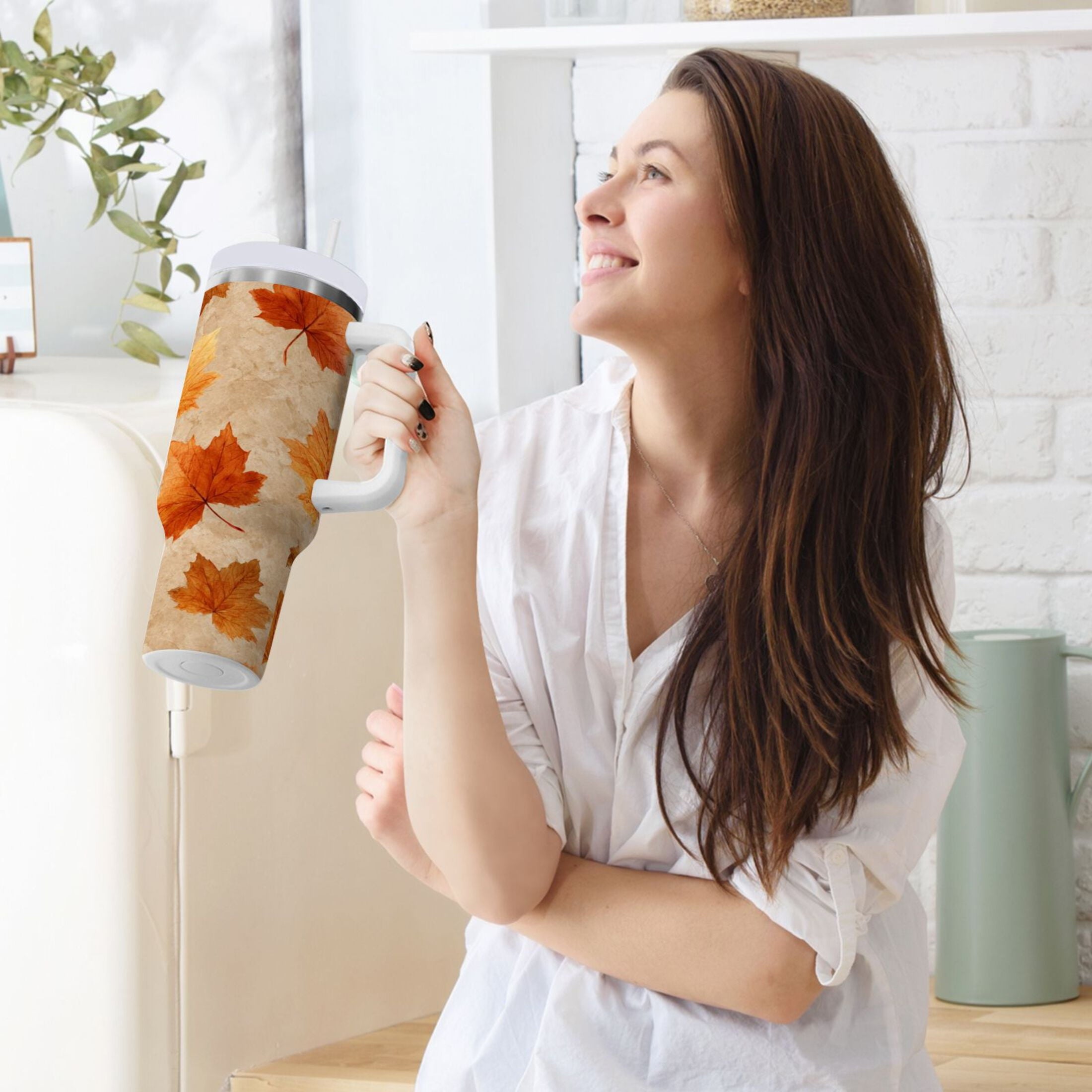 40 oz Insulated Stainless Steel Tumbler Double Wall Stainless Steel Tumbler with 2-Way Drinking Orange Autumn Leaves Pattern C478P