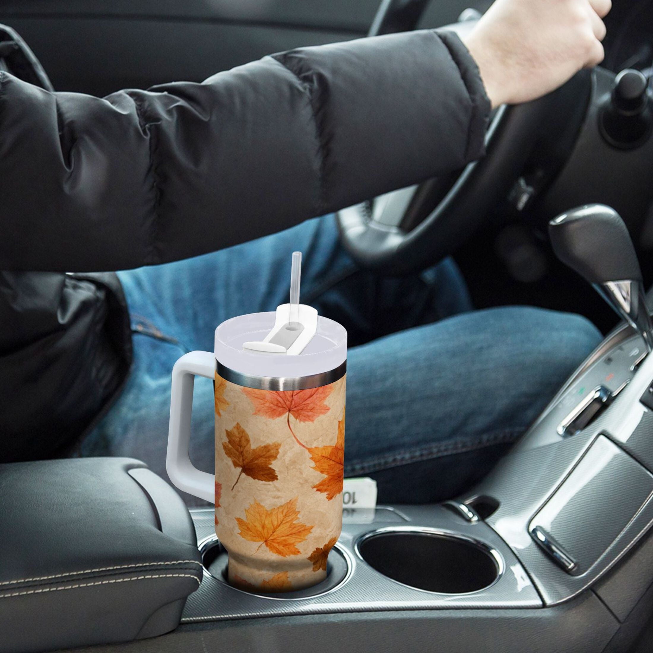 40 oz Insulated Stainless Steel Tumbler Double Wall Stainless Steel Tumbler with 2-Way Drinking Orange Autumn Leaves Pattern C478P