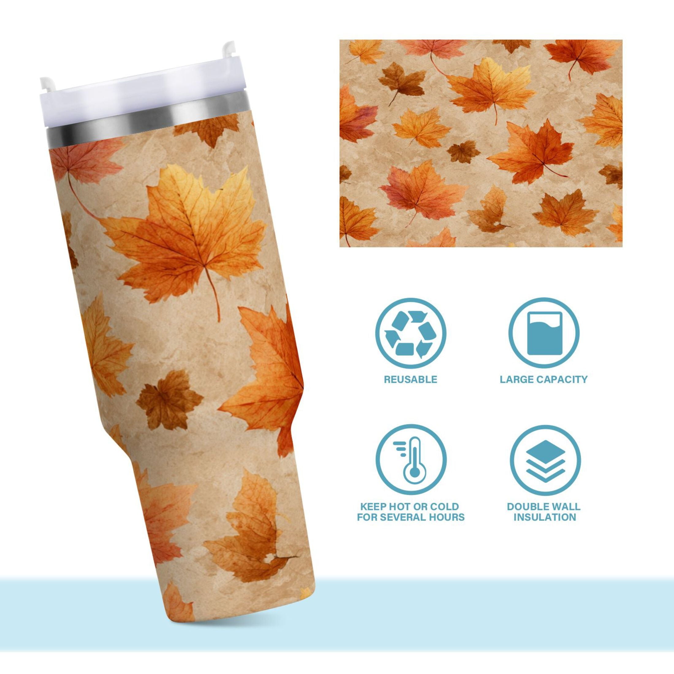 40 oz Insulated Stainless Steel Tumbler Double Wall Stainless Steel Tumbler with 2-Way Drinking Orange Autumn Leaves Pattern C478P