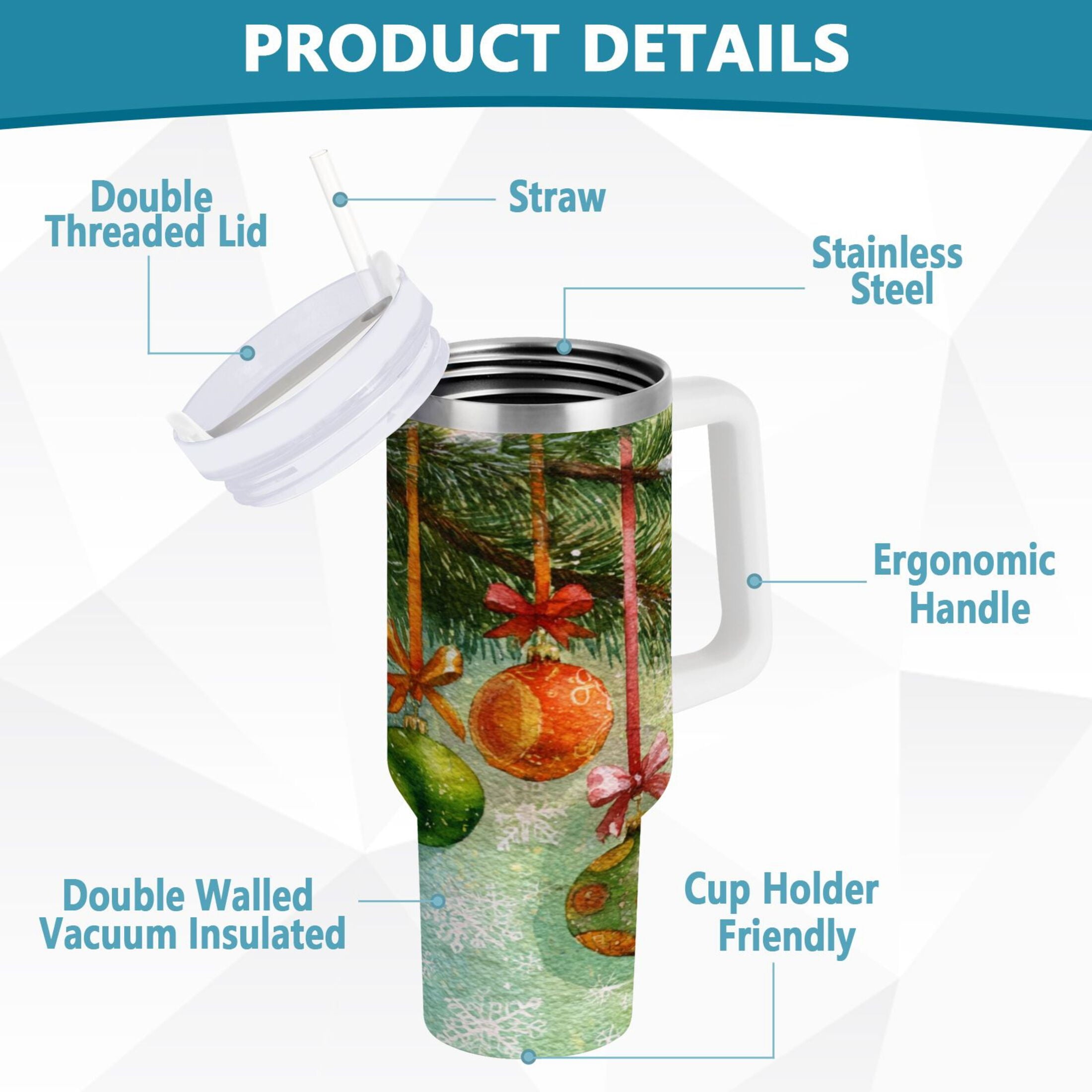 30 oz Insulated Stainless Steel Tumbler Double Wall Stainless Steel Tumbler with 2-Way Drinking Christmas Ornaments Watercolor Painting C639N