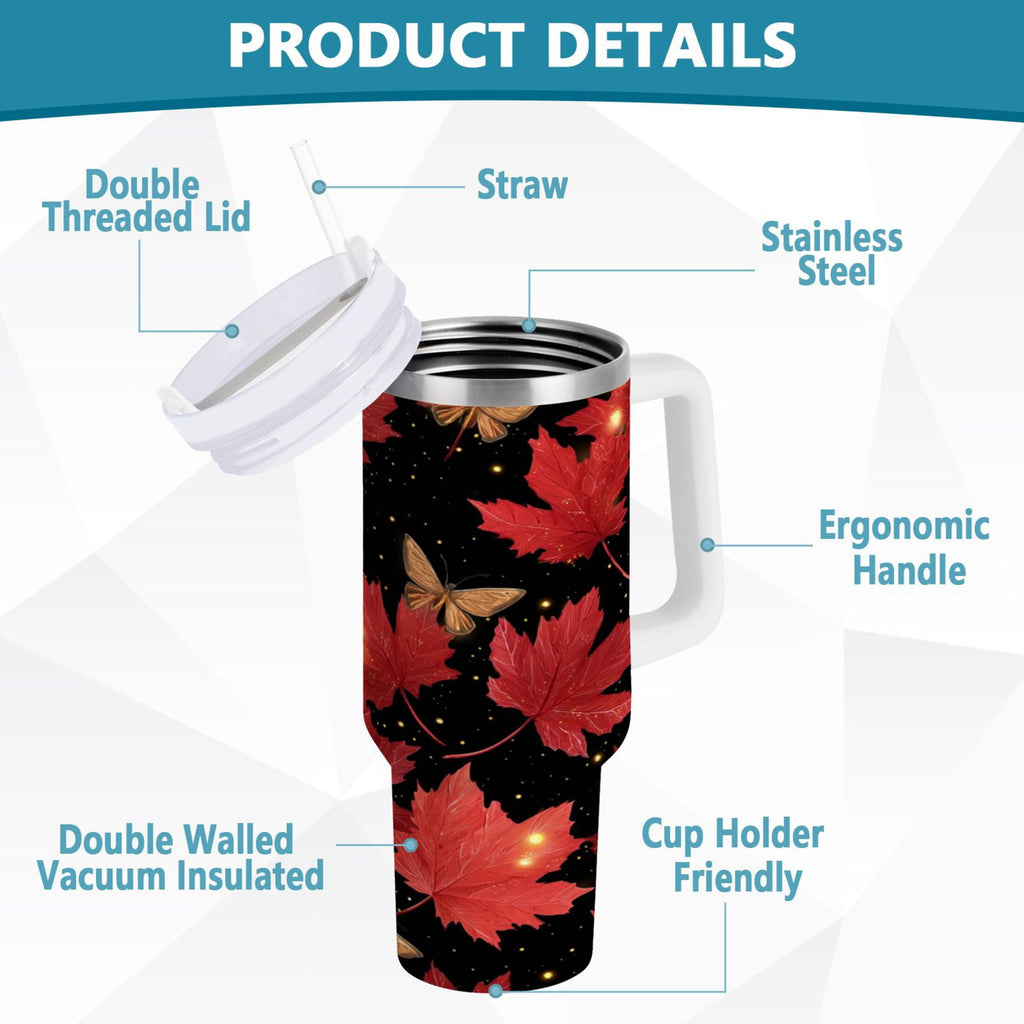 40 oz Insulated Stainless Steel Tumbler Double Wall Stainless Steel Tumbler with 2-Way Drinking Maple Leaves and Fireflies C516E