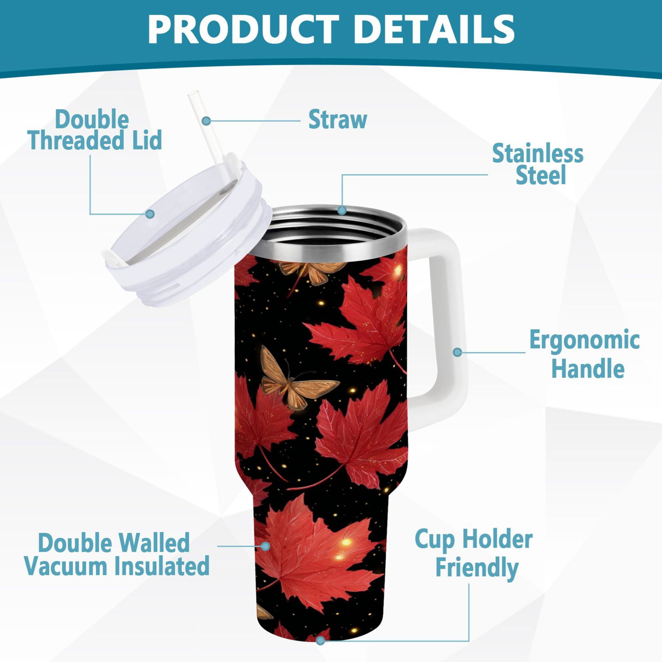 40 oz Insulated Stainless Steel Tumbler Double Wall Stainless Steel Tumbler with 2-Way Drinking Maple Leaves and Fireflies C516E