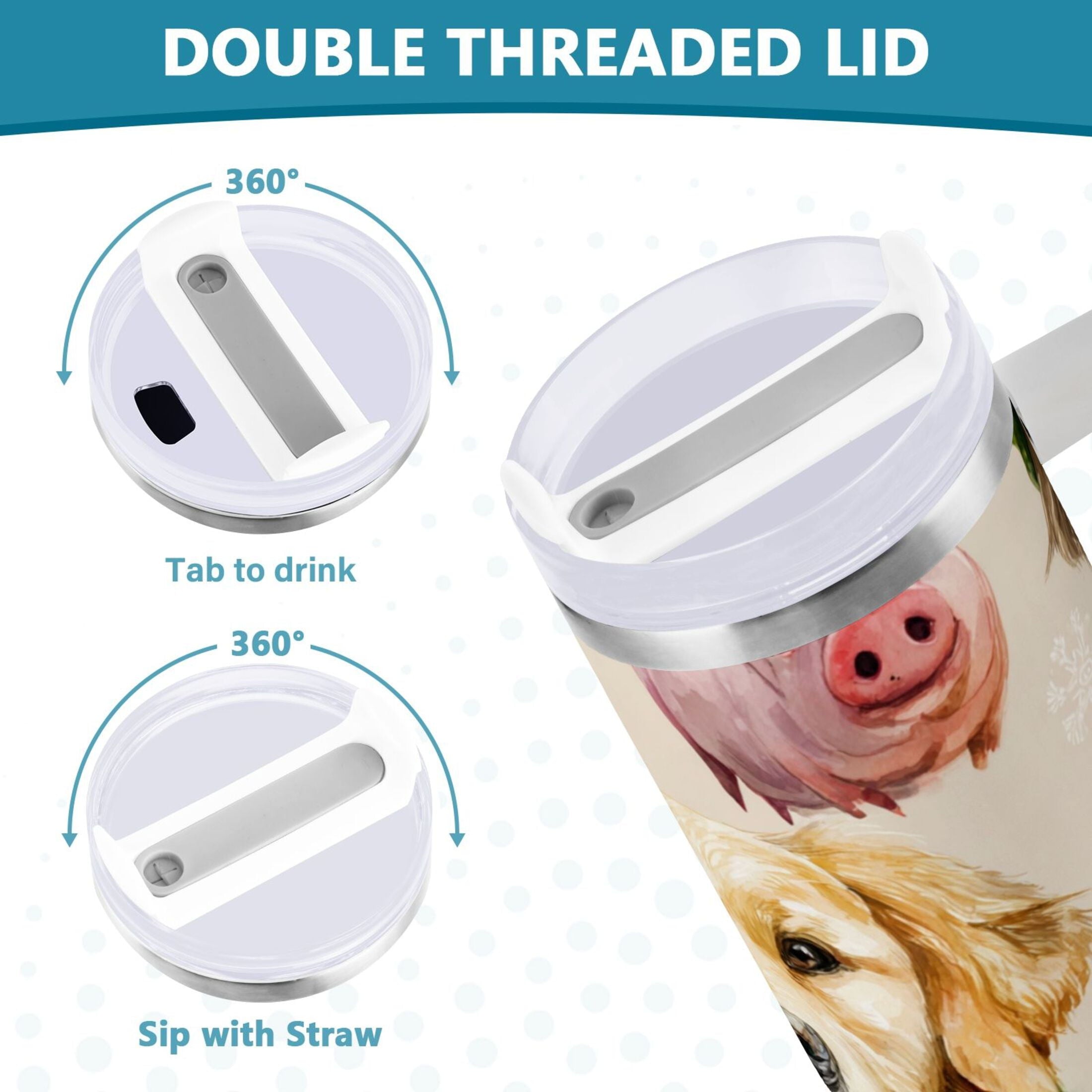 30 oz Insulated Stainless Steel Tumbler Double Wall Stainless Steel Tumbler with 2-Way Drinking Watercolor Animals Pattern C618N