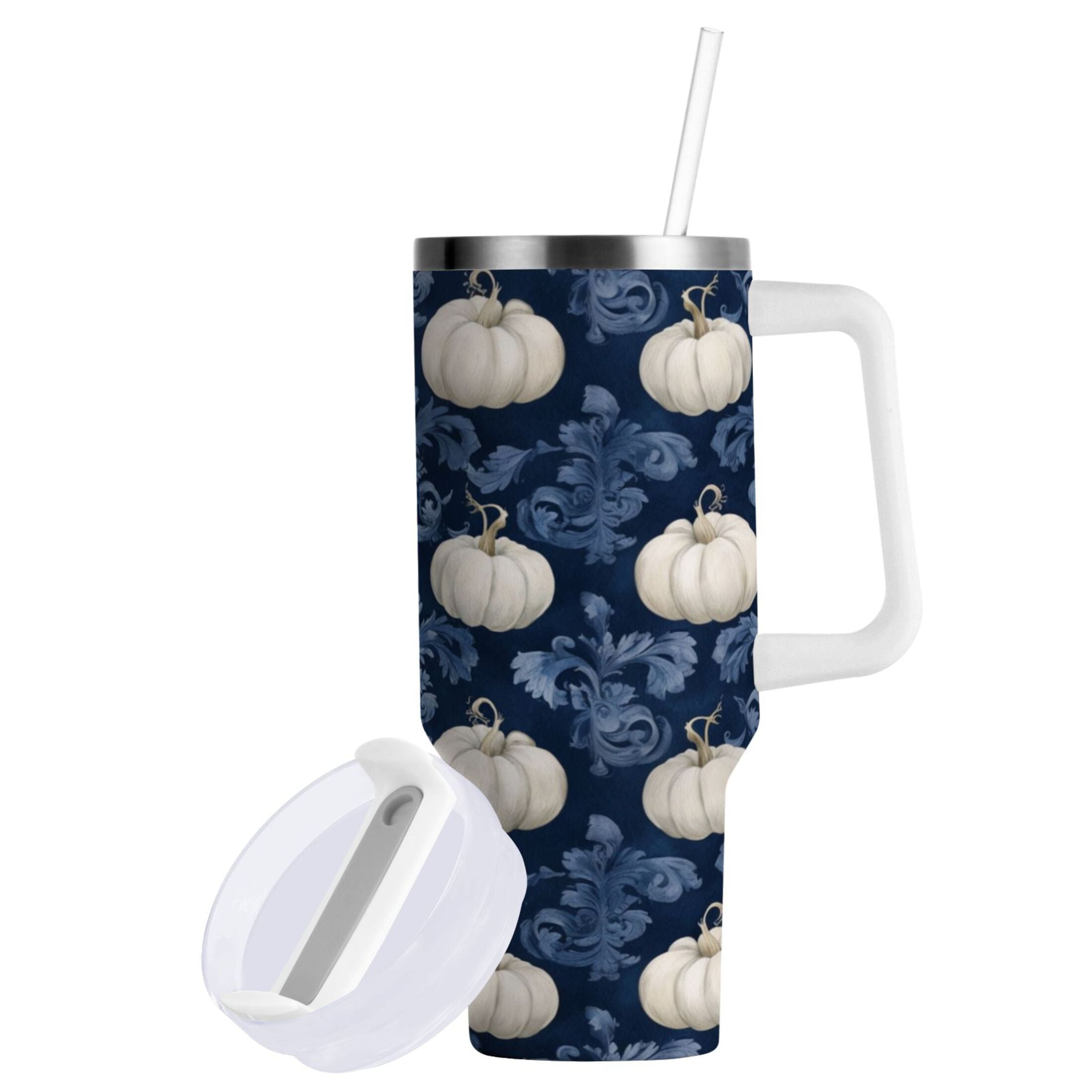 30 oz Insulated Stainless Steel Tumbler Double Wall Stainless Steel Tumbler with 2-Way Drinking Watercolor White Pumpkins C446E