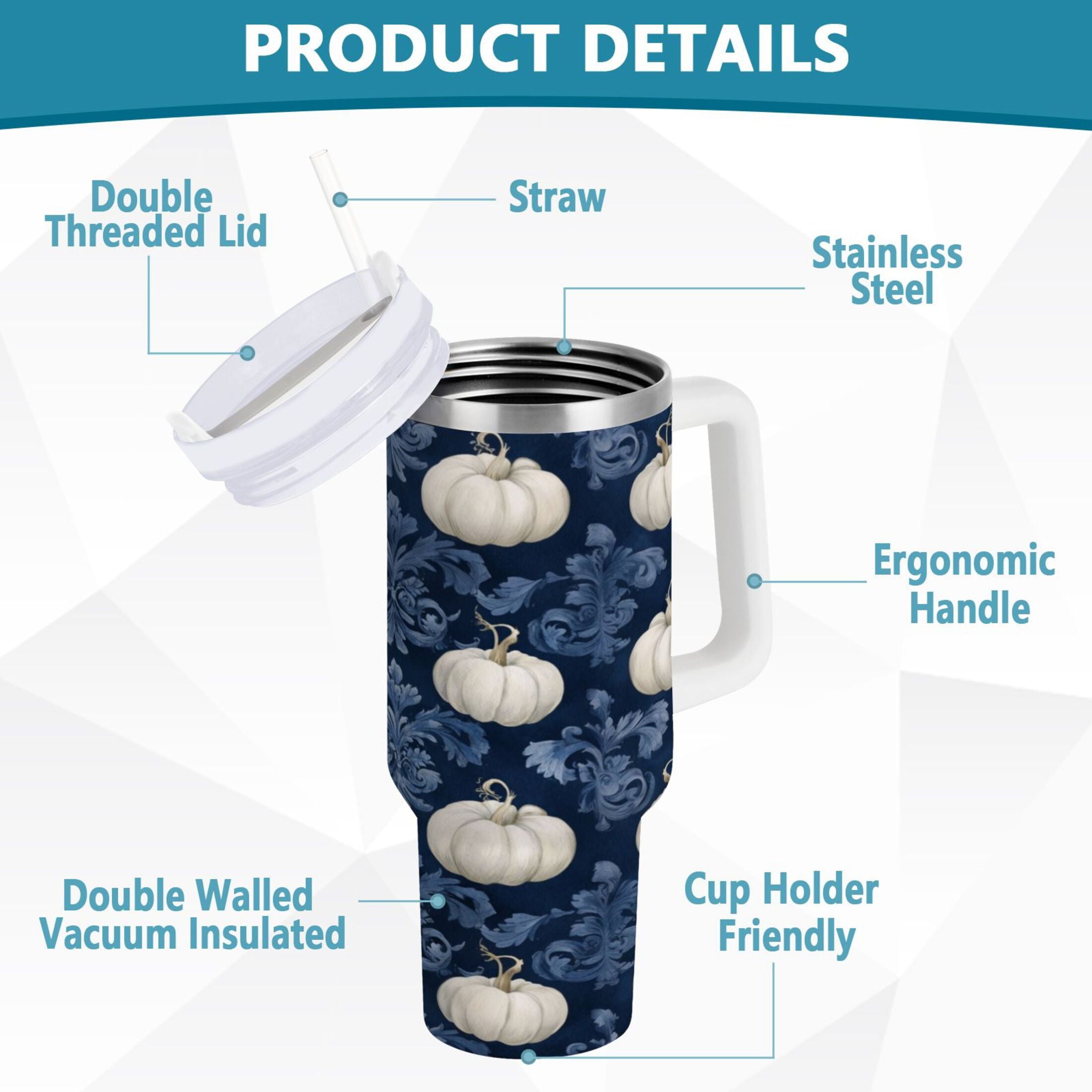 30 oz Insulated Stainless Steel Tumbler Double Wall Stainless Steel Tumbler with 2-Way Drinking Watercolor White Pumpkins C446E