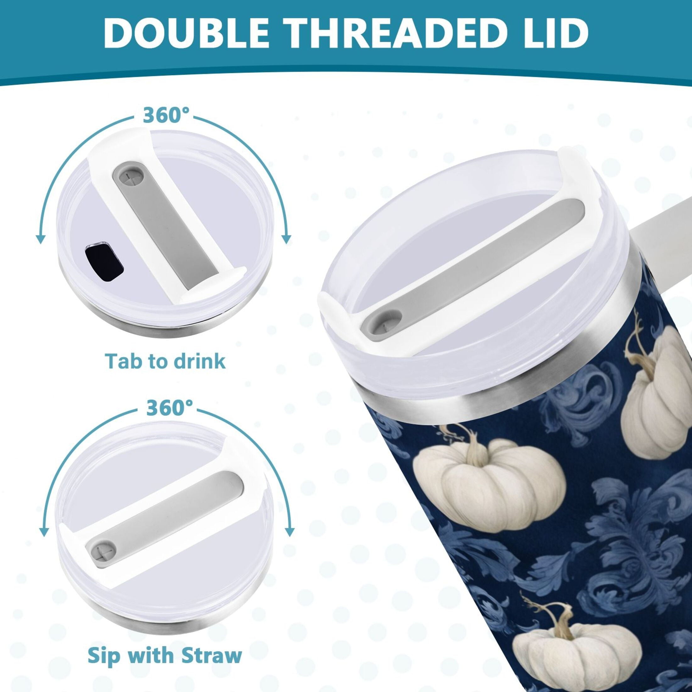 30 oz Insulated Stainless Steel Tumbler Double Wall Stainless Steel Tumbler with 2-Way Drinking Watercolor White Pumpkins C446E