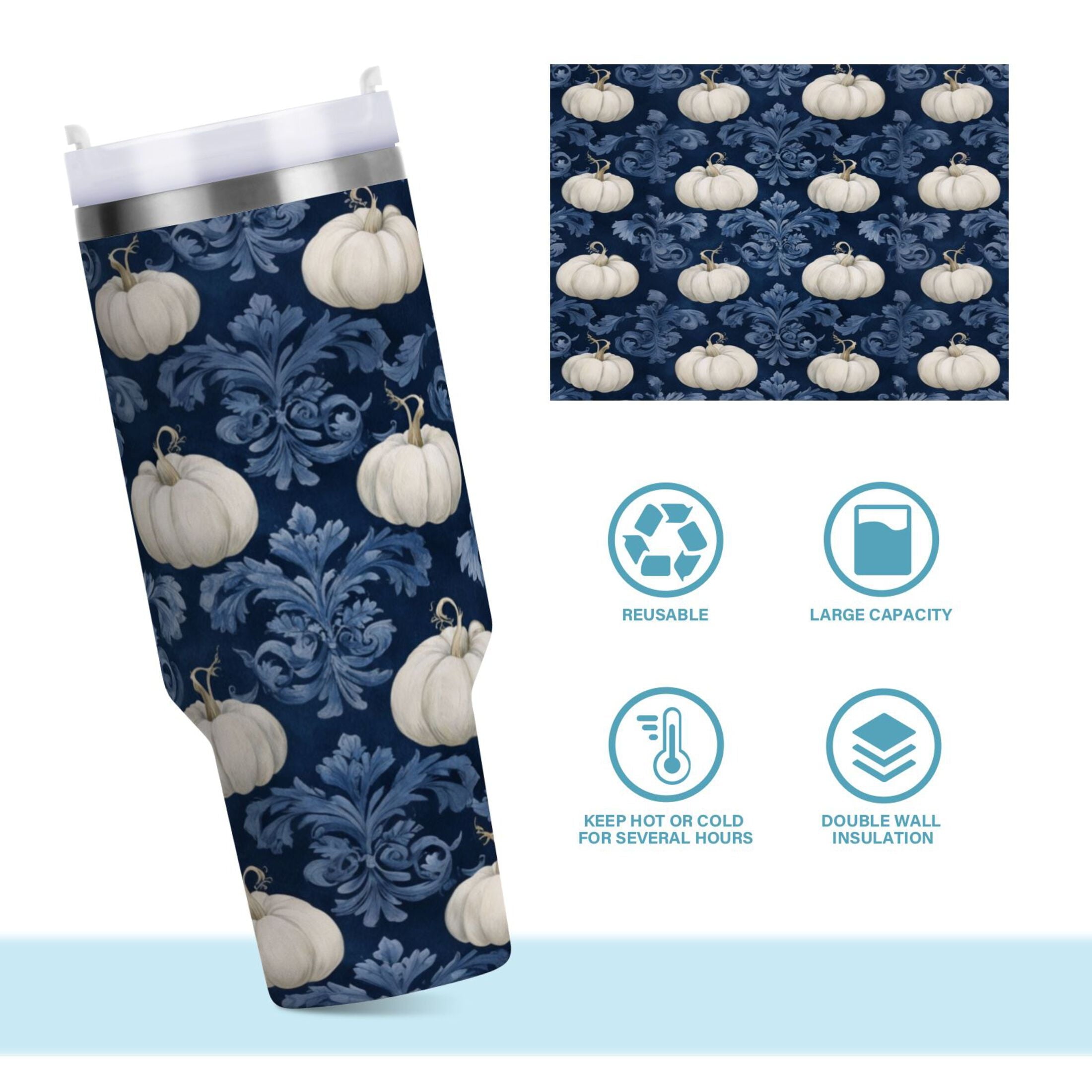 30 oz Insulated Stainless Steel Tumbler Double Wall Stainless Steel Tumbler with 2-Way Drinking Watercolor White Pumpkins C446E