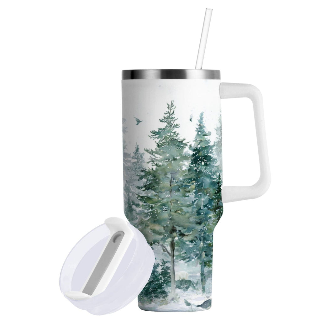 30 oz Insulated Stainless Steel Tumbler Double Wall Stainless Steel Tumbler with 2-Way Drinking Green Snowy Forest Scene C455B