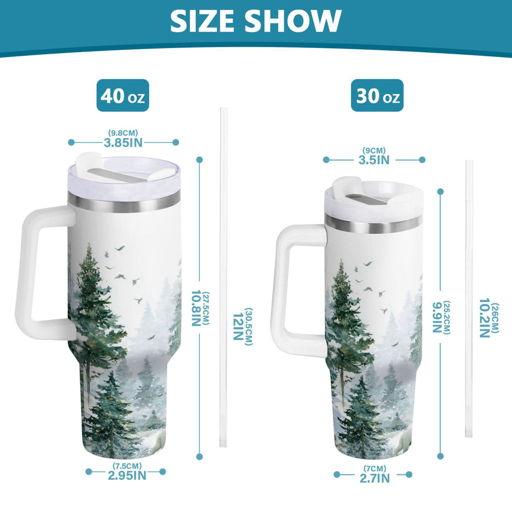 30 oz Insulated Stainless Steel Tumbler Double Wall Stainless Steel Tumbler with 2-Way Drinking Green Snowy Forest Scene C455B